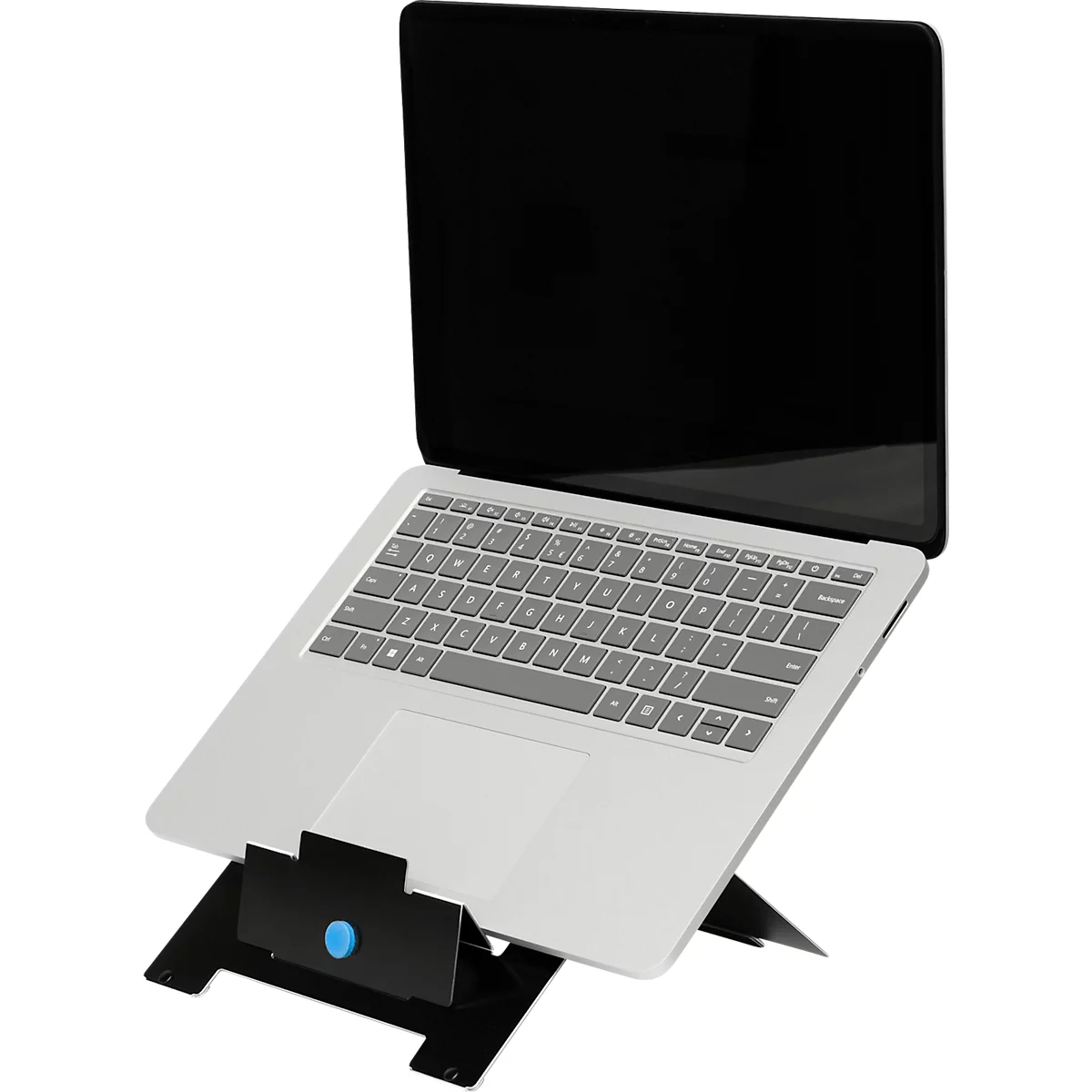 Support pour ordinateur portable R-Go Riser Flexible, pour 1 ordinateur portable/tablette 10-22″ &amp; jusqu'à 5 kg, hauteur réglable sur 5 niveaux, avec porte-documents, aluminium HYLITE®, noir