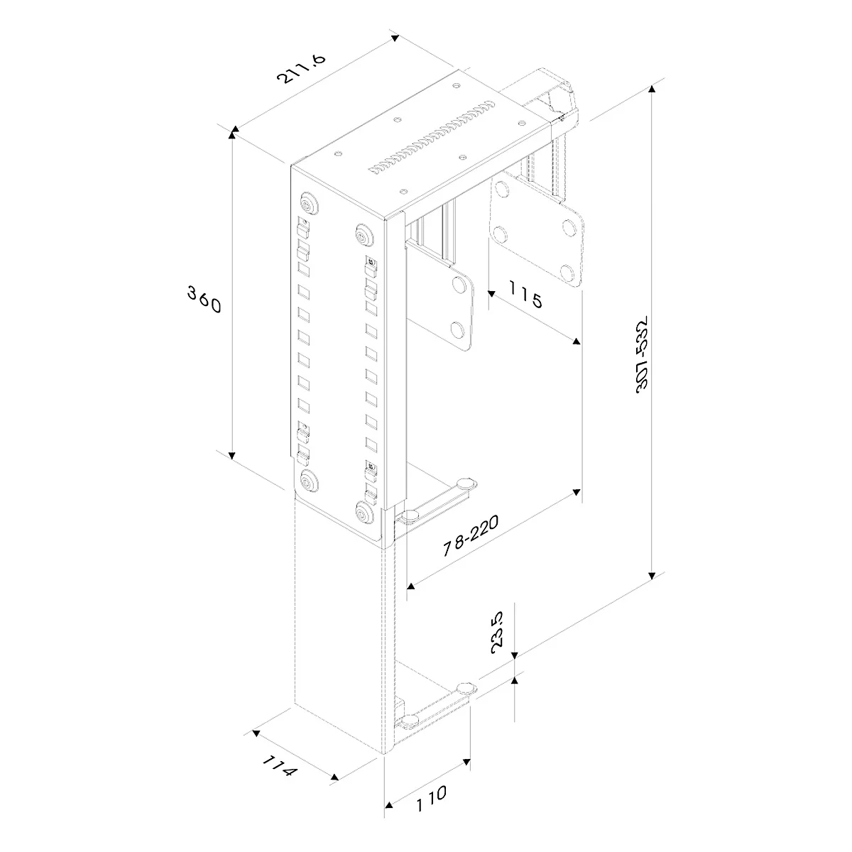 Support pour PC Neomounts by NewStar CPU-D100, vertical, jusqu'à 30 kg, réglable manuellement en hauteur et en largeur, avec matériel de montage, argenté