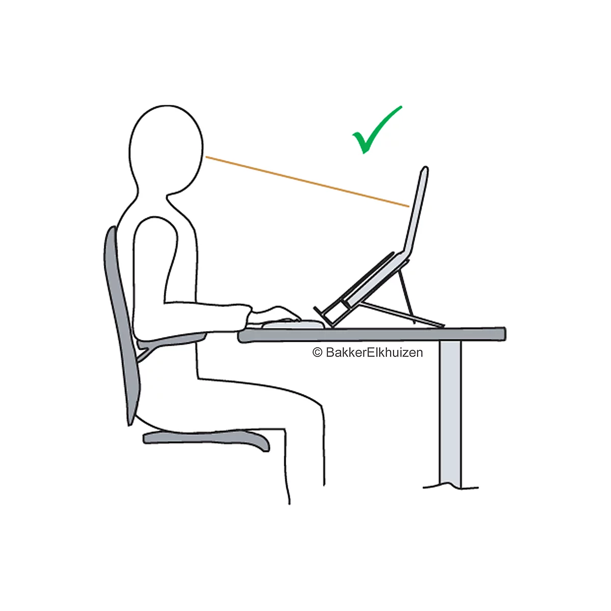 Croquis d'une personne au bureau démontrant une posture ergonomique avec un support pour ordinateur portable, coche verte au-dessus.