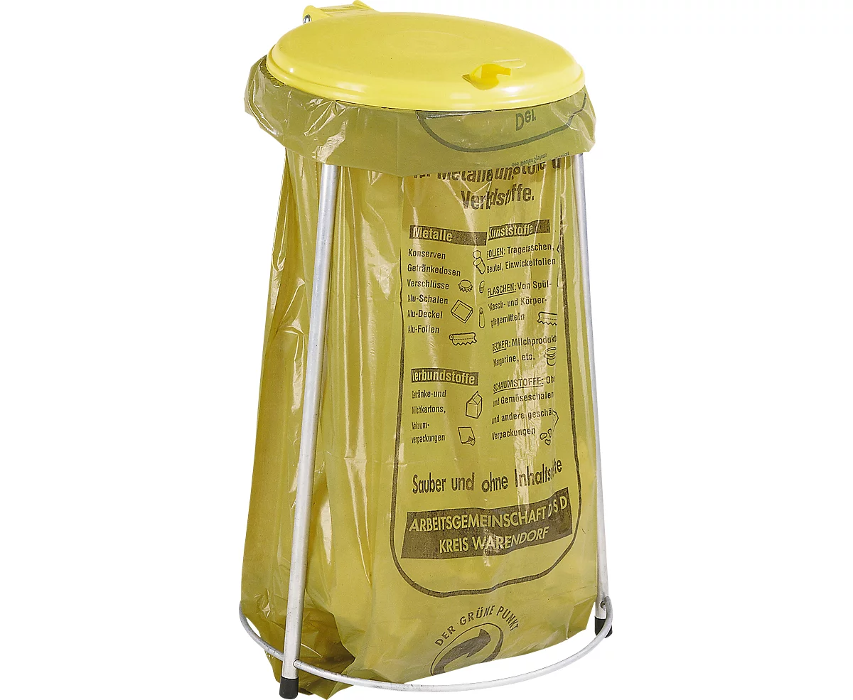 Support pour sac poubelle de 70 litres, structure galvanisée, avec couvercle jaune