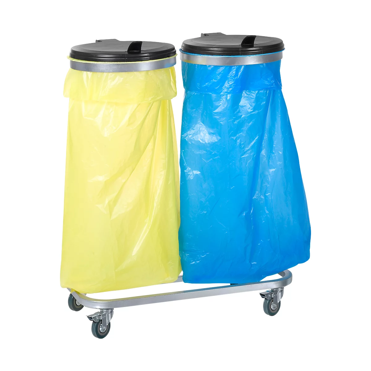 Deux poubelles avec des sacs bleus et jaunes sur un chariot.