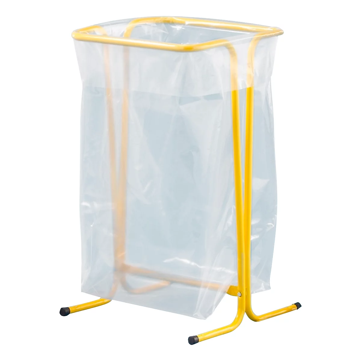 Cadre jaune avec sac poubelle en plastique. Le sac est transparent, le cadre est en tubes métalliques.