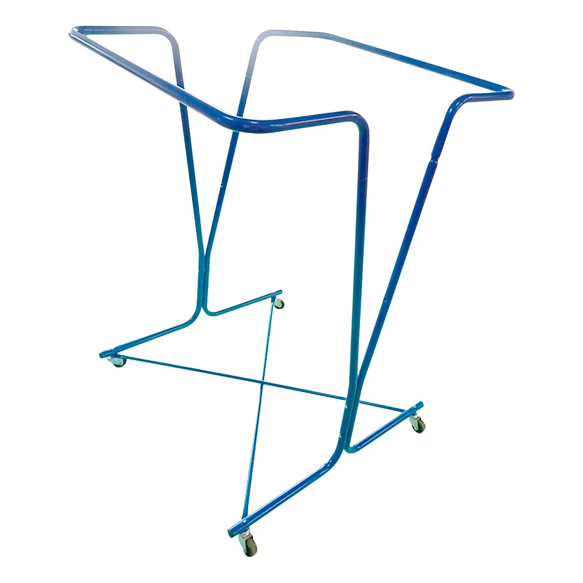 Porte-vêtements mobile bleu, en métal, avec roulettes. La partie supérieure est incurvée, la partie inférieure est angulaire.