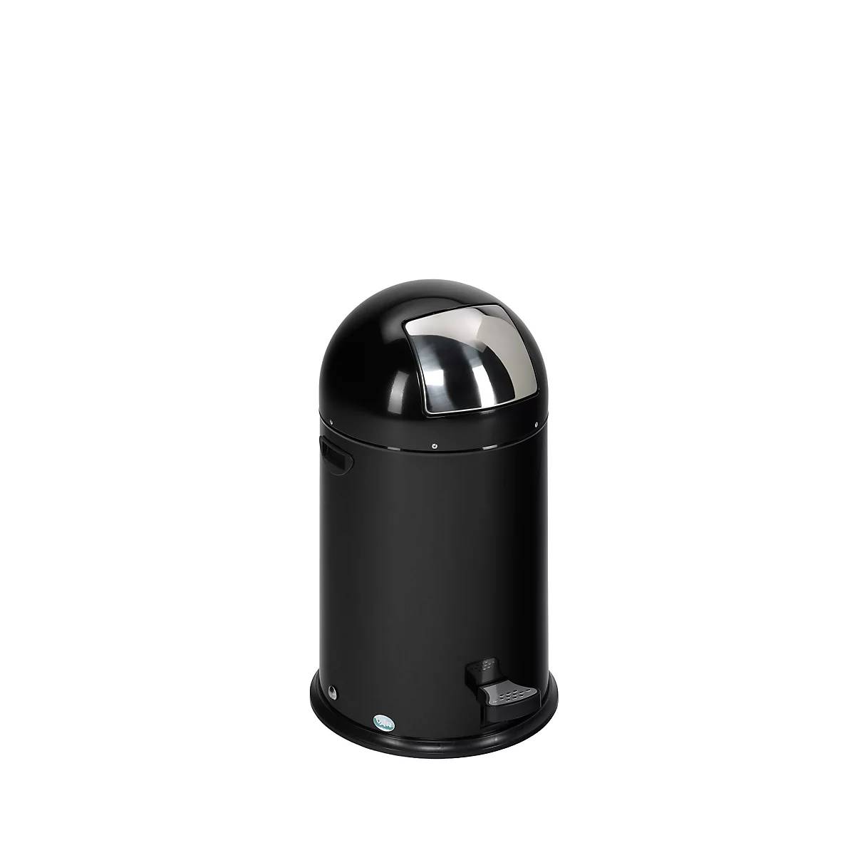 Poubelle noire avec couvercle en acier inoxydable, sur fond blanc.