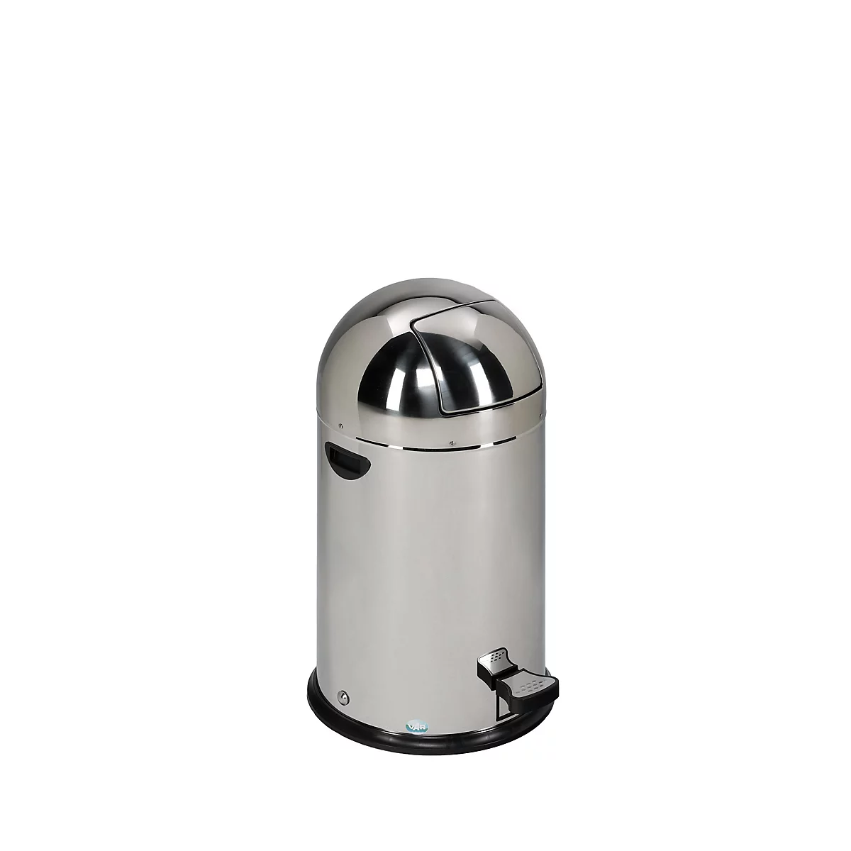 Poubelle à pédale en acier inoxydable avec couvercle brillant et hémisphérique. La poubelle a un pied noir et une pédale.
