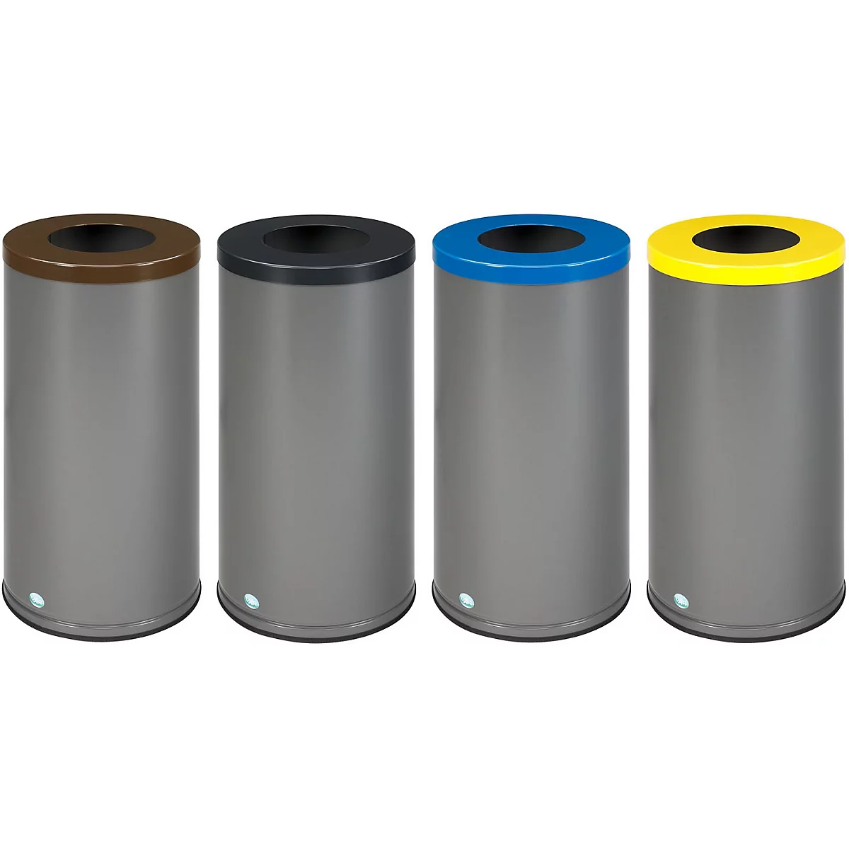 Quatre poubelles grises et cylindriques avec des couvercles marron, noirs, bleus et jaunes. Chaque poubelle a une ouverture ronde.
