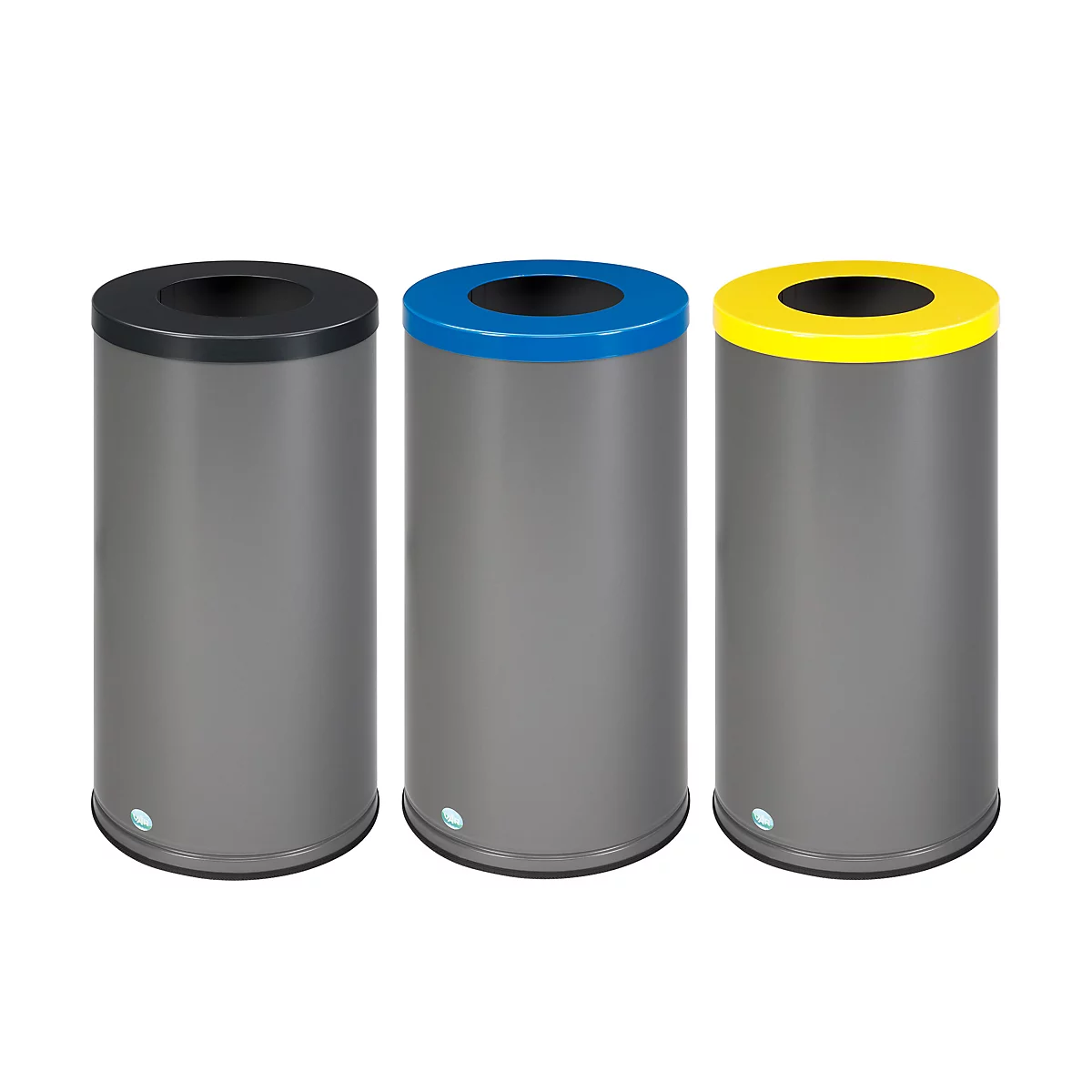 Trois poubelles grises avec des couvercles noirs, bleus et jaunes.
