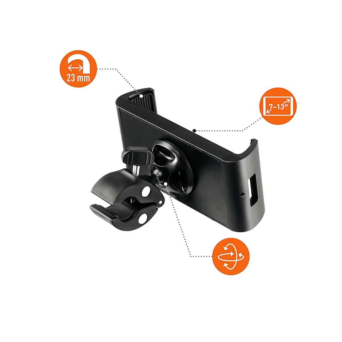 Support pour tablette Durable TOUGH CLAMP XL, pour 1 tablette de 7 à 13', montage sur étagères/tables, pivotant à 360°, inclinable/pivotant, avec pince, noir