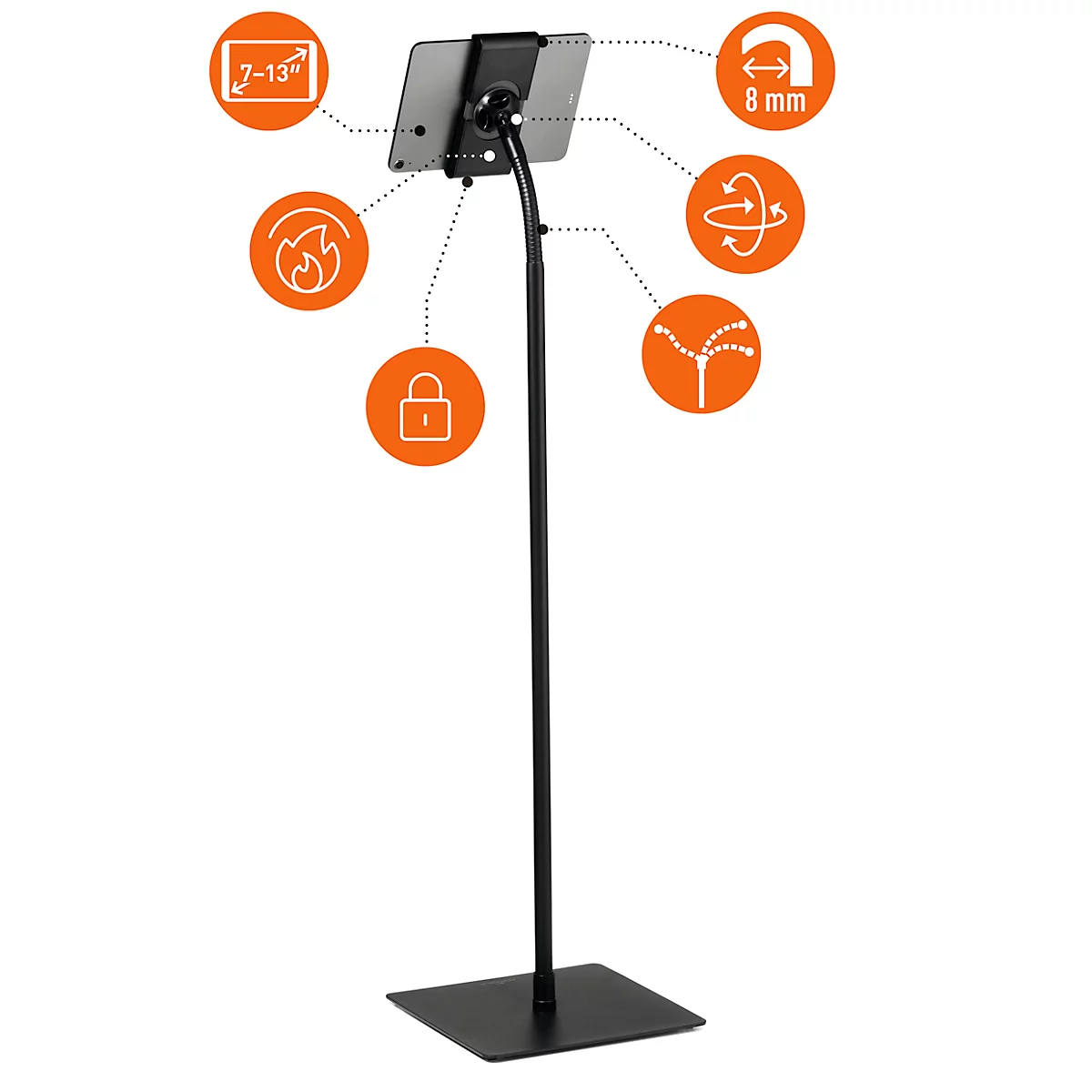 Support pour tablette Durable TOUGH FLOOR, pour 1 tablette de 7 à 13', support au sol, pivotant à 360°, guide-câble, antivol, noir