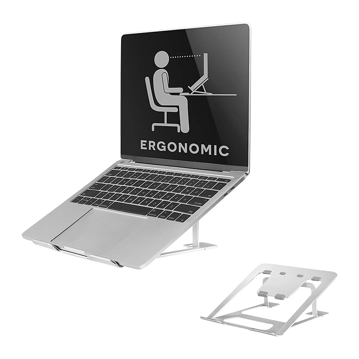Un ordinateur portable sur un support argenté. Sur l'écran : bonhomme, concept ergonomique.
