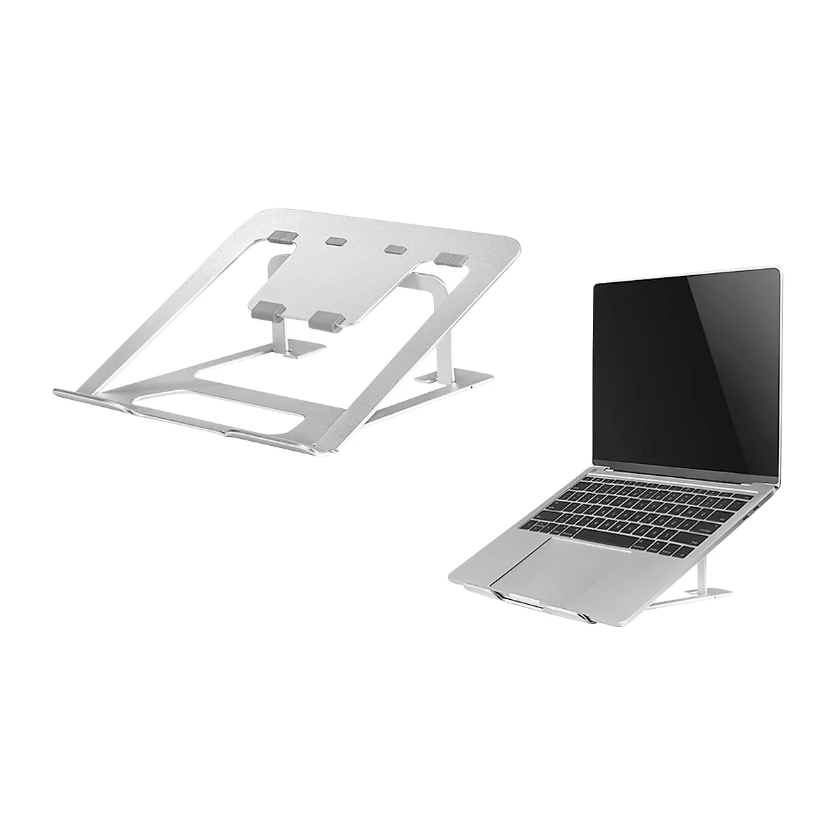 Un support d'ordinateur portable argenté à gauche et un ordinateur portable à droite, sur le support. Les deux sur fond blanc.
