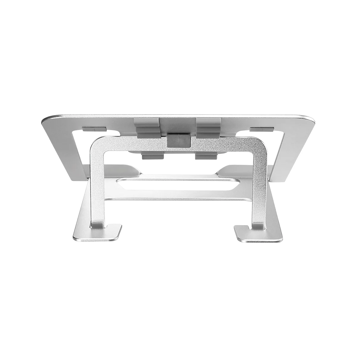 Support pour ordinateur portable gris-argent, vue de face, structure en aluminium avec base rectangulaire et tablette.