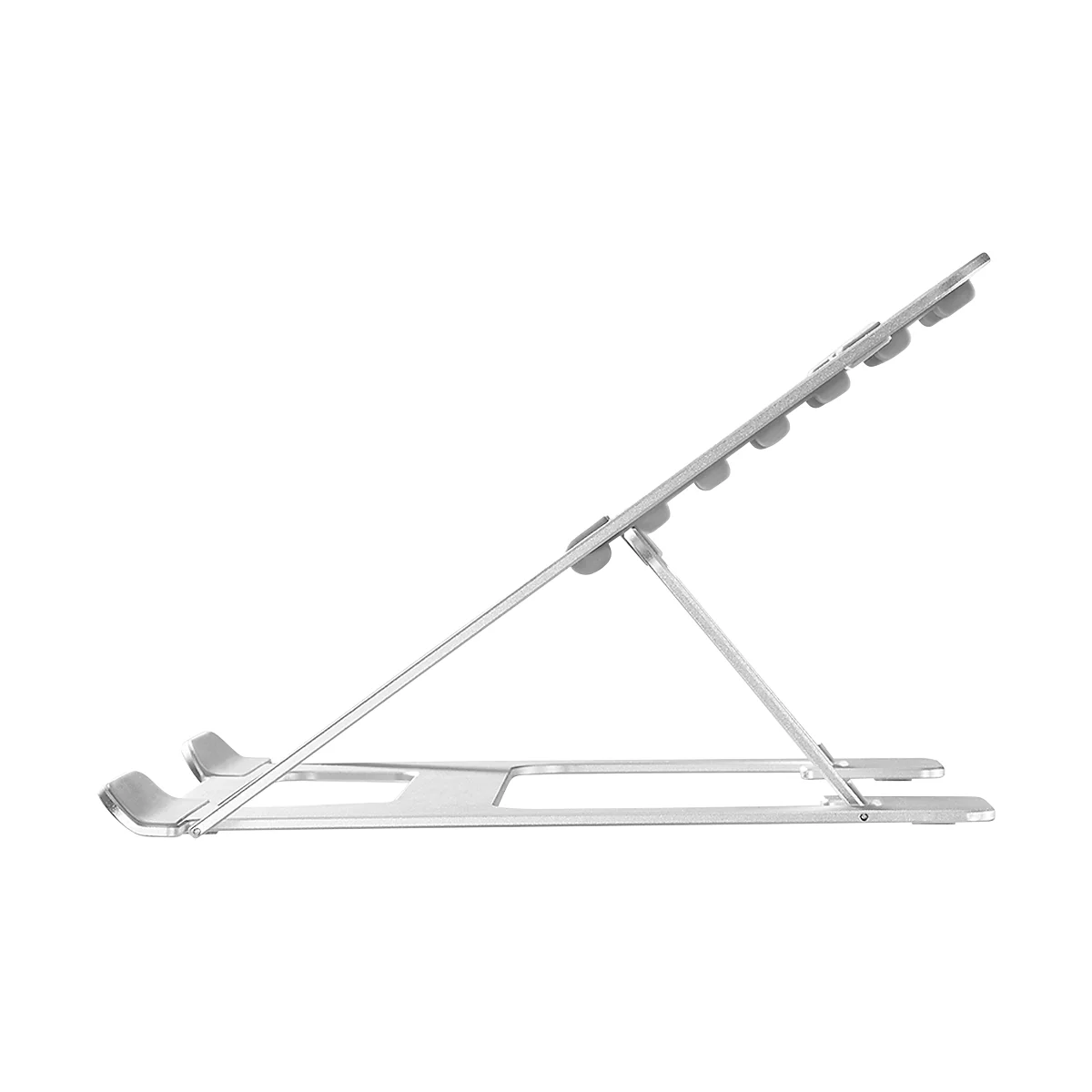 Support d'ordinateur portable pliable gris. La surface d'appui est surélevée et munie de picots en caoutchouc pour fixer l'ordinateur portable. Le support a une construction robuste.