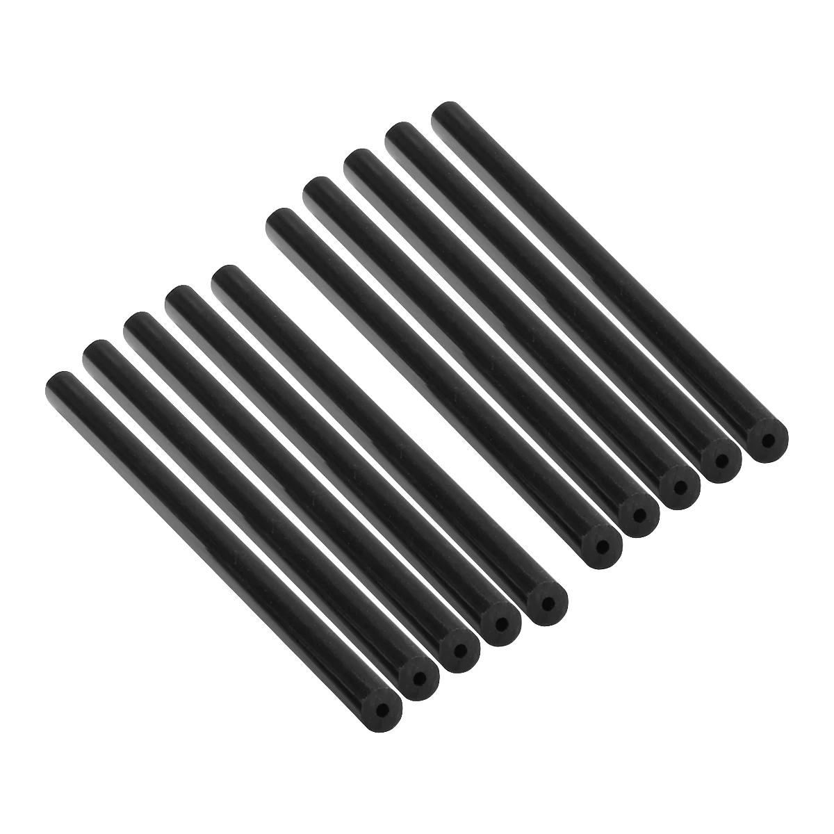 Top view of black rods, aligned slightly diagonally. The rods have a cylindrical shape.