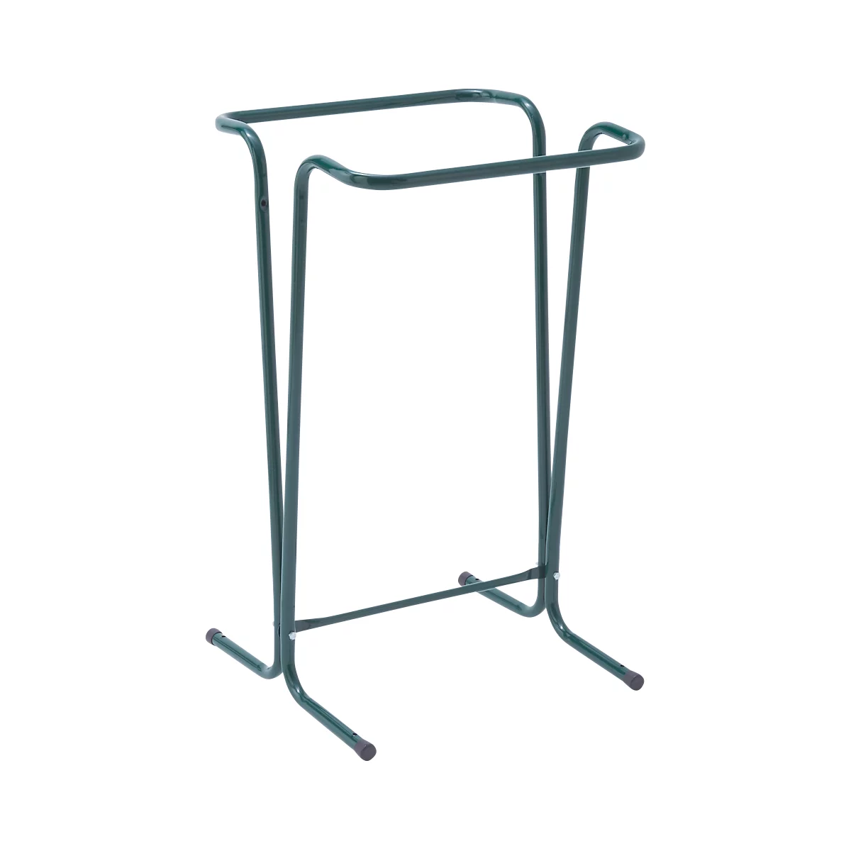 Porte-serviettes en métal vert, autoportant, avec deux barres transversales pour suspendre.