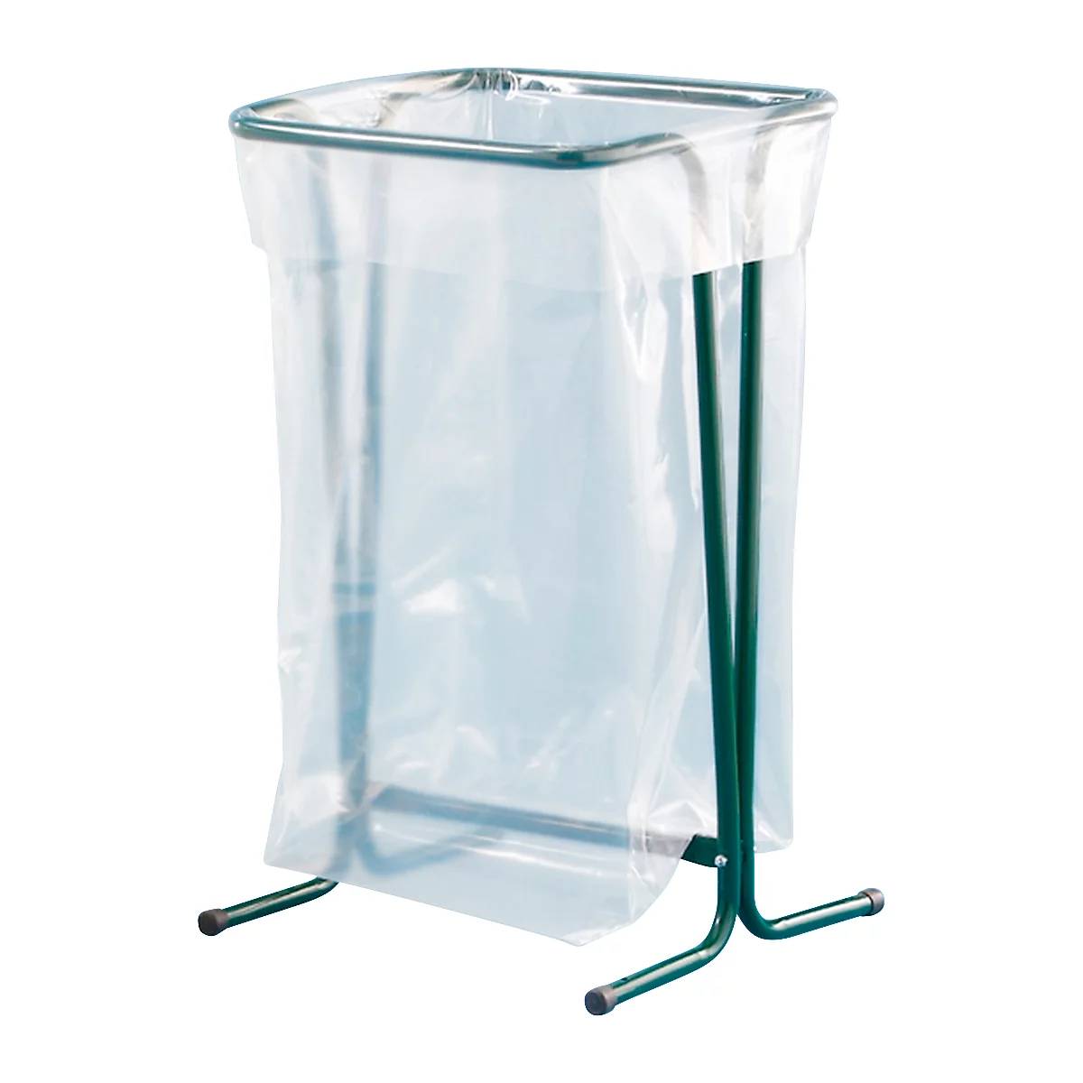 Poubelle avec cadre en métal vert et sac en plastique.