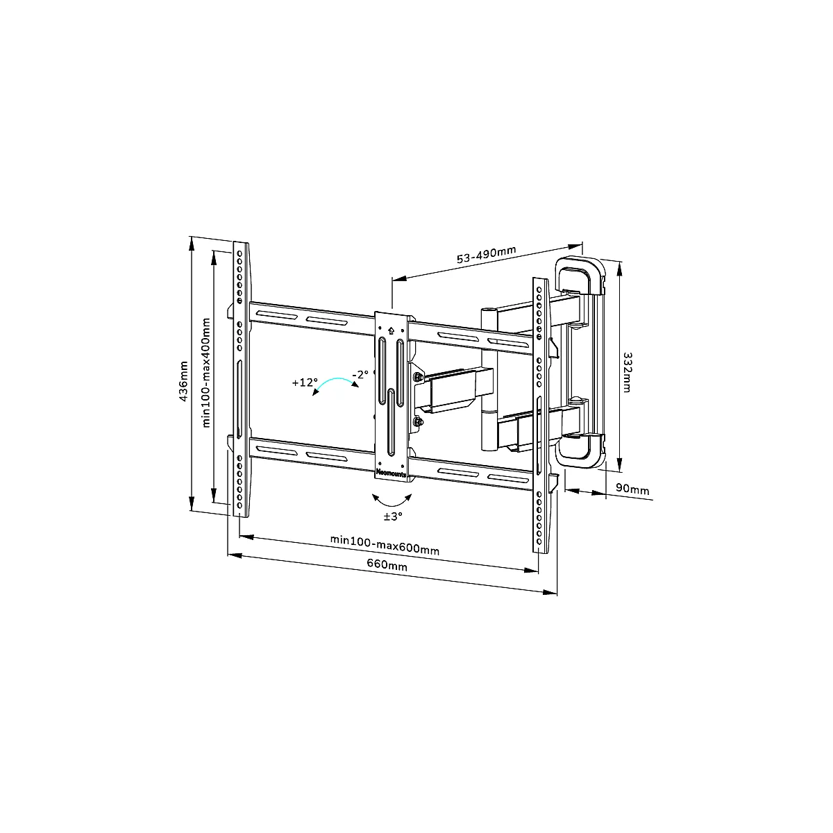 Support TV mural Neomounts by Newstar WL40-550BL16, pour écrans plats jusqu'à 65', jusqu'à 40 kg, inclinable et pivotant, VESA, noir