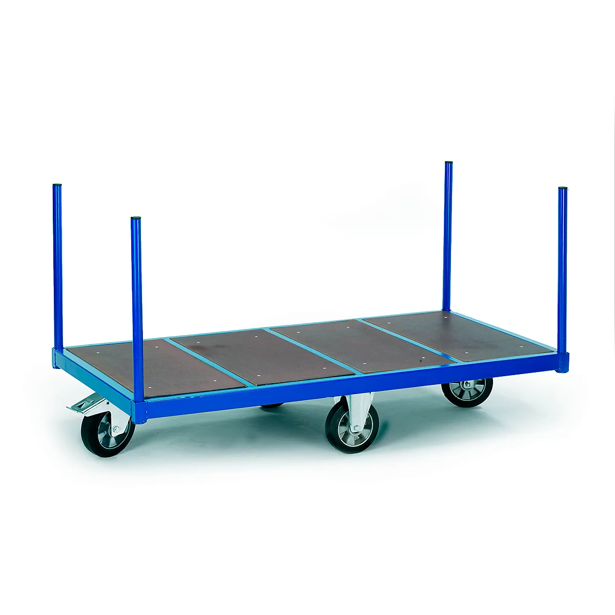 A blue platform trolley on four wheels, with a brown loading area and four upright bars.