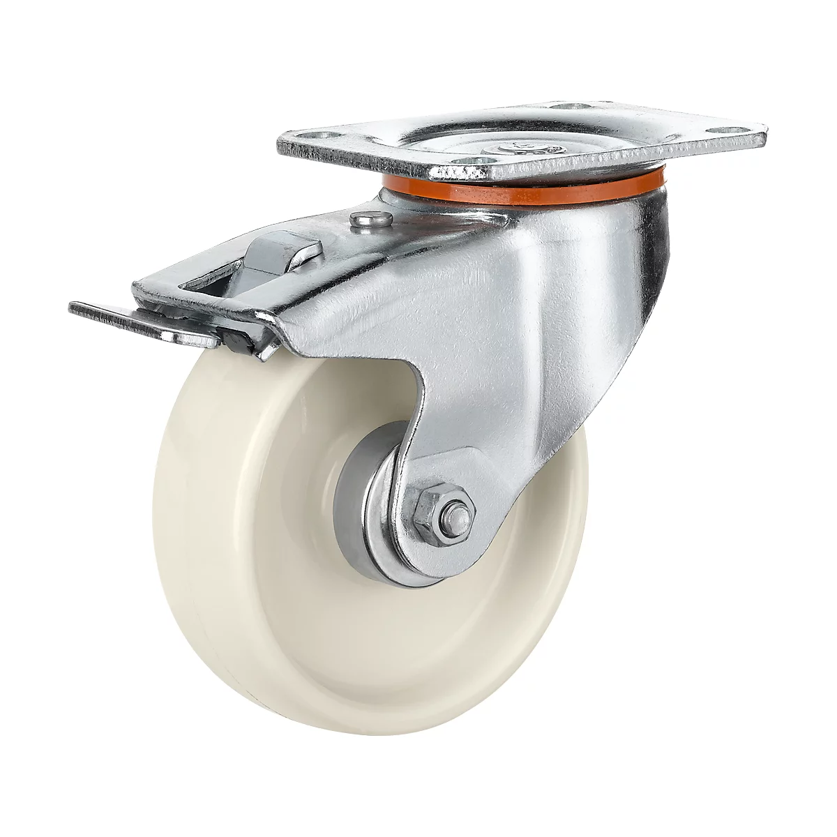 Close-up of a castor wheel. The wheel has a creamy tyre held by a metallic shiny frame. The frame is equipped with a braking device.