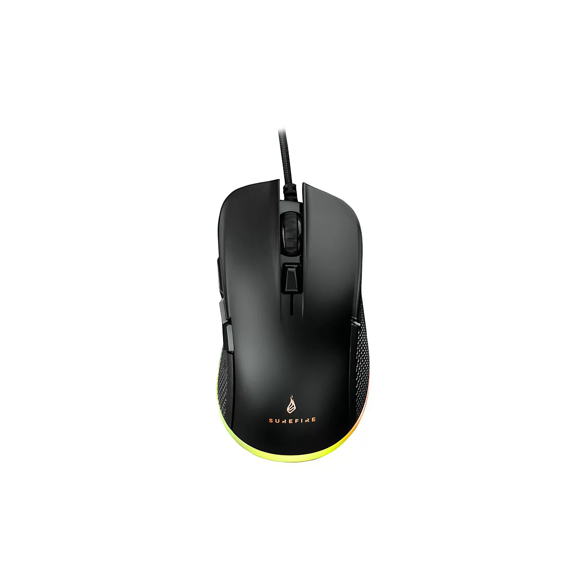 Souris de jeu noire avec câble, logo Surefire. Bas avec lumières colorées.