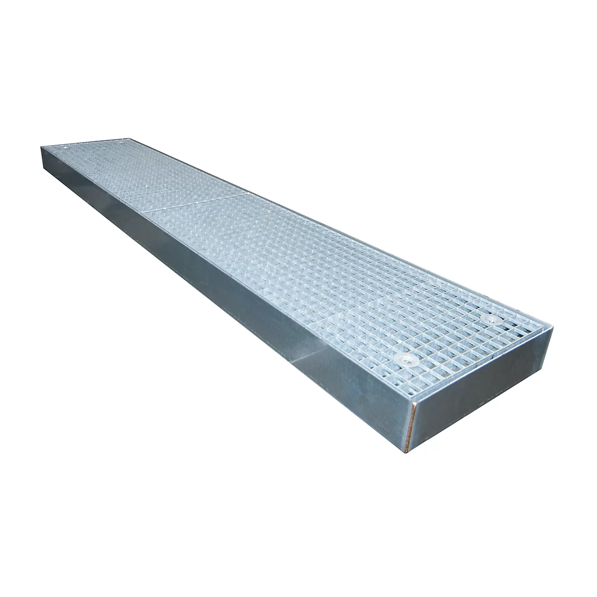 Elongated metal gutter with grating. The surface is made of metal. The product is on a white background.