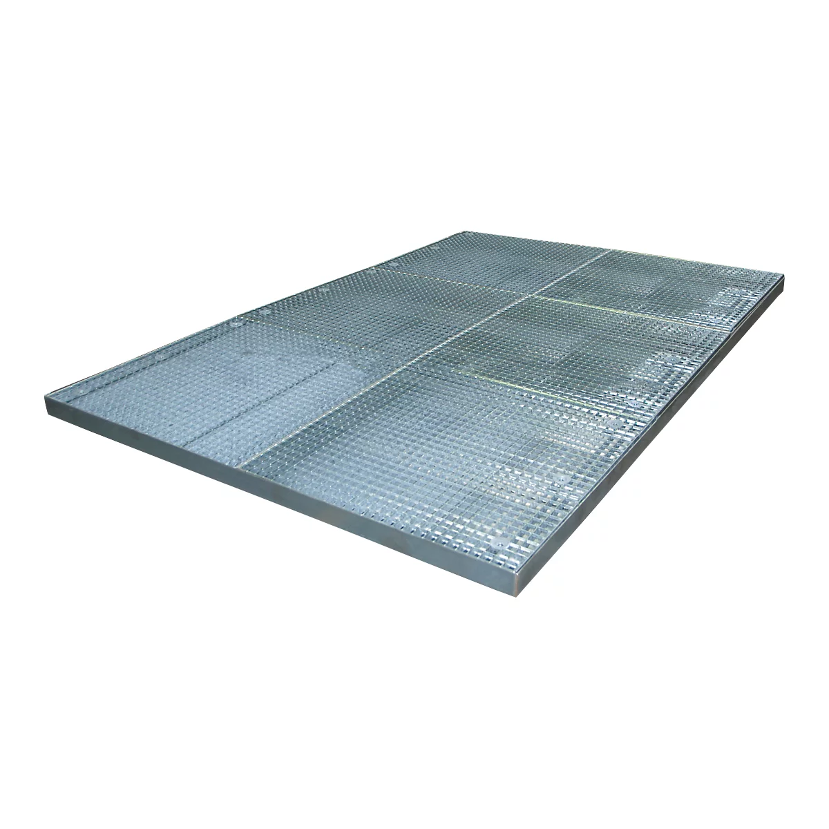Metal grid plate, rectangular, with square fields and diagonal lines. Silver-colored, photographed slightly from above.