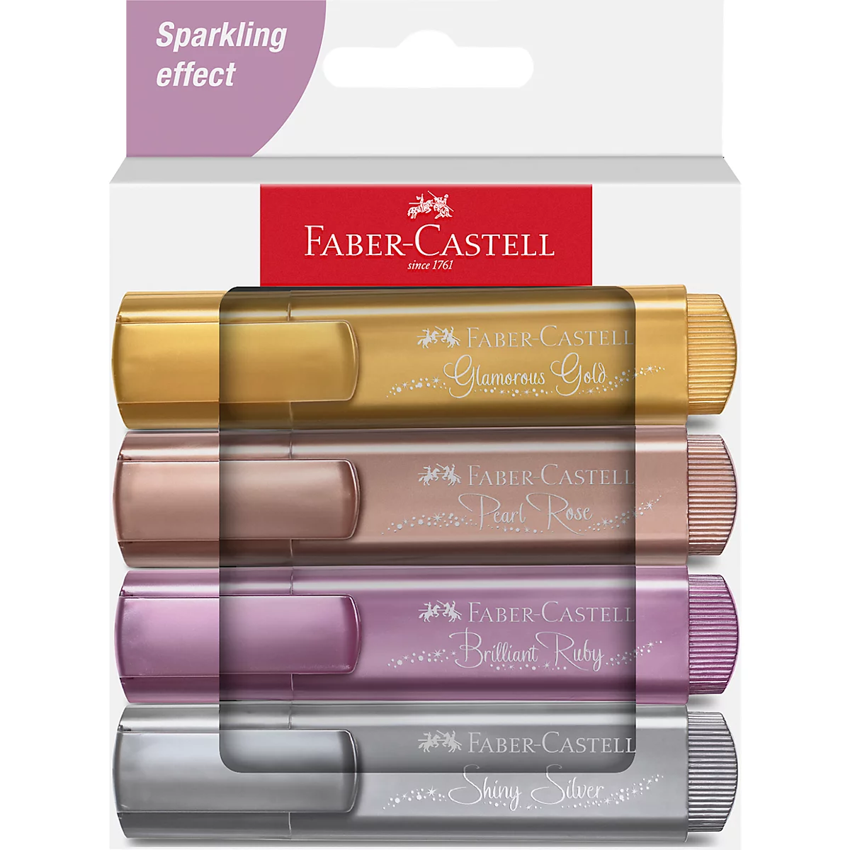 Surligneur Faber-Castell TL 46 Metallic, 3 épaisseurs de trait : 1/2/5 mm, encre à base d'eau, dans un carton-étui de 4 pièces, couleurs assorties or, argent, rubis et rose
