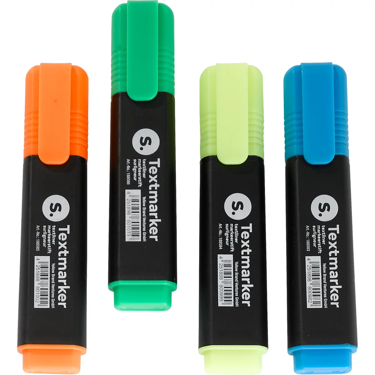 Quatre surligneurs orange, vert, jaune et bleu. Chaque marqueur indique "Textmarker" et possède un code-barres.