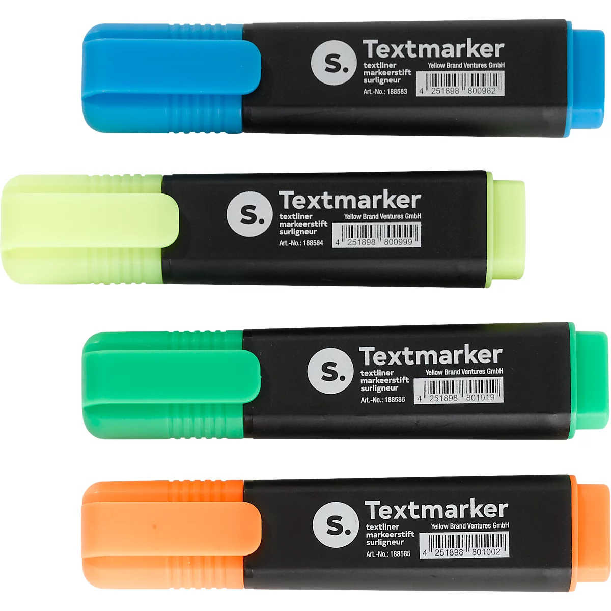 Quatre surligneurs bleus, jaunes, verts et oranges. Corps de marqueurs noirs avec impression 'Textmarker'.