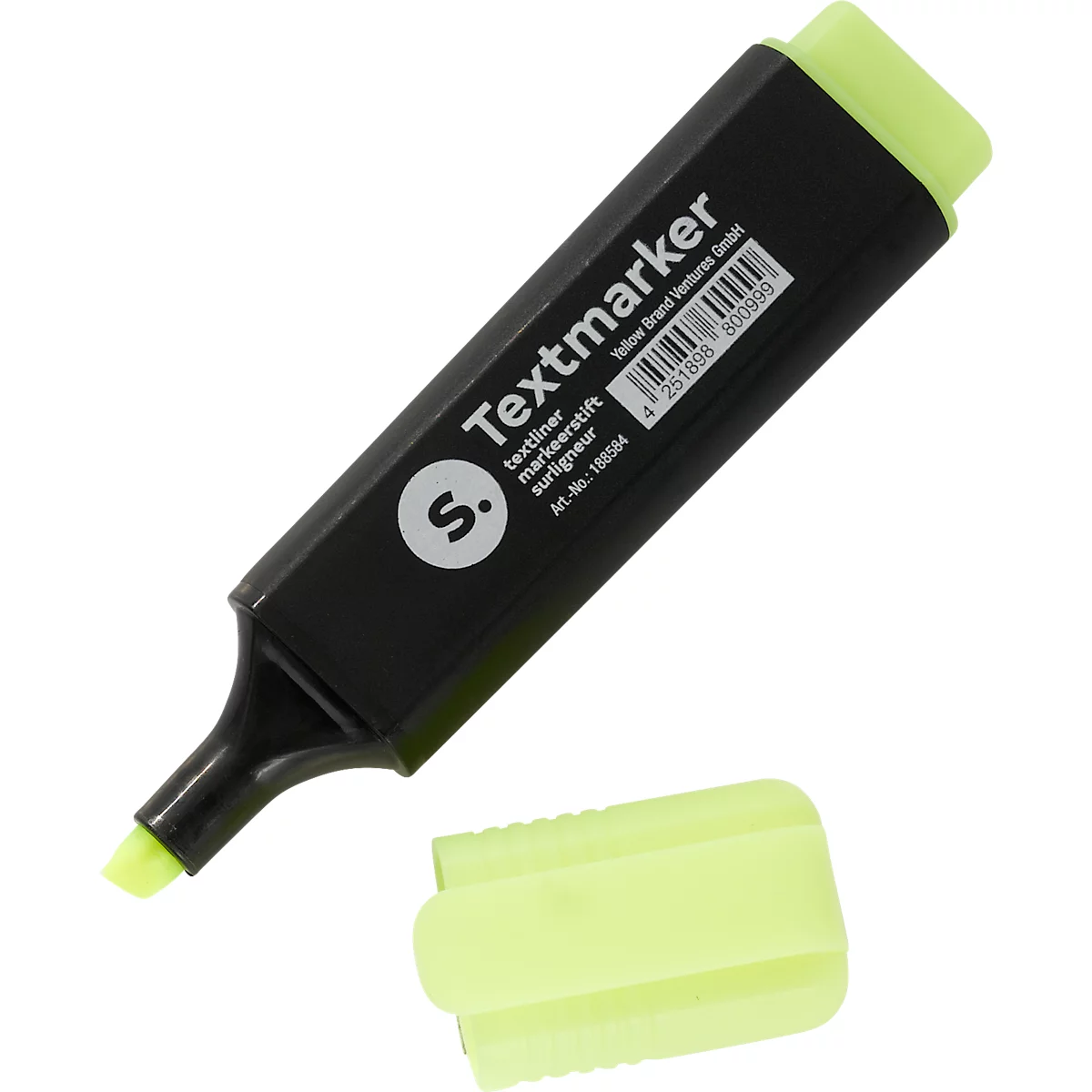Surligneur noir avec pointe et bouchon jaunes. Écriture "Textmarker".