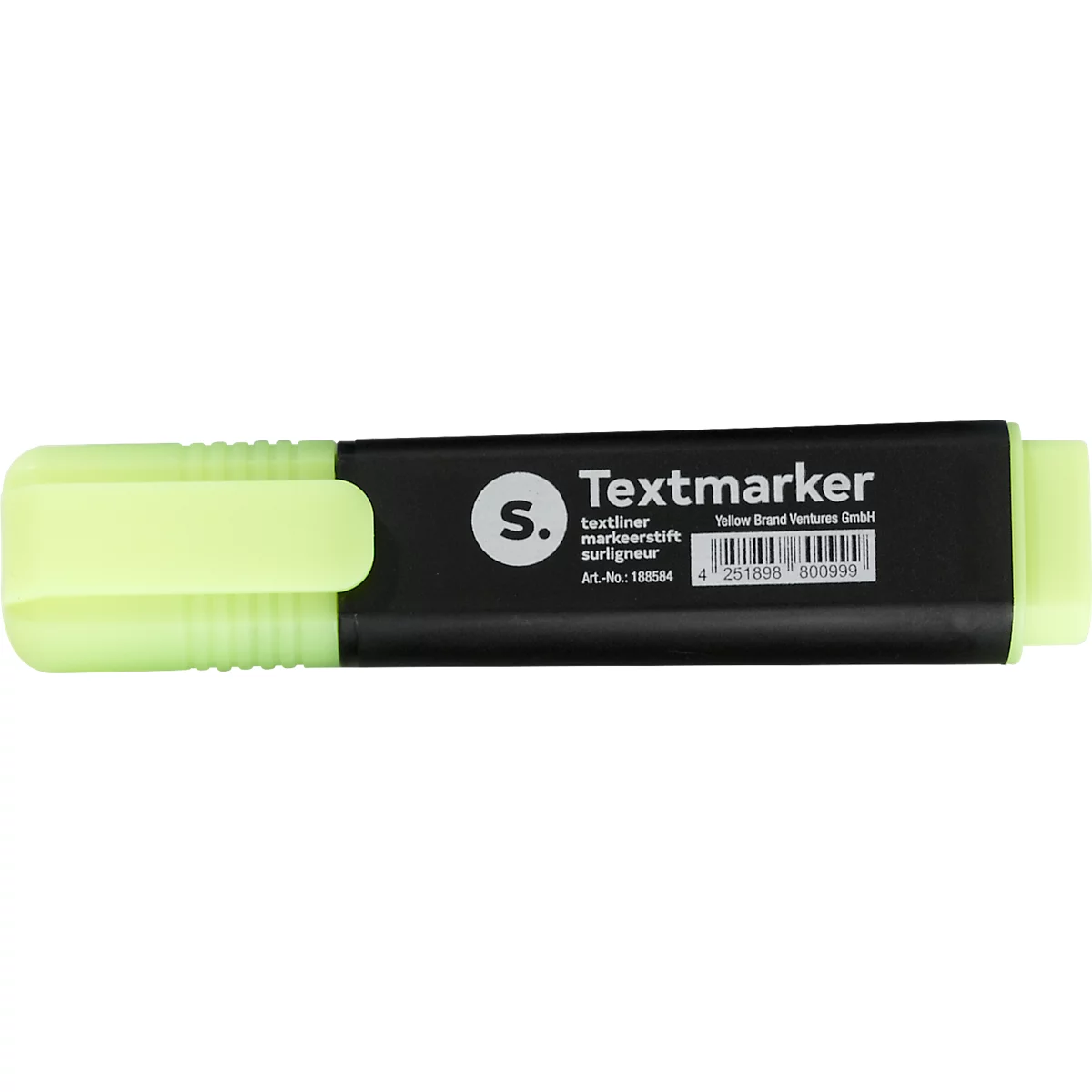 Surligneur vert clair avec boîtier noir; il est écrit 'Textmarker'.