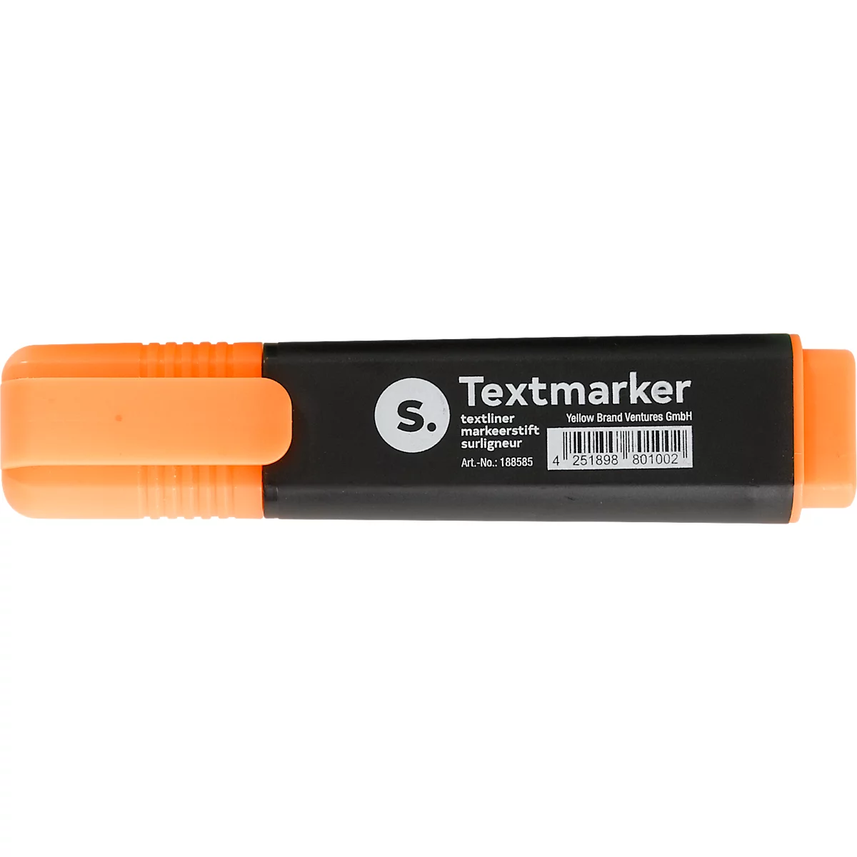 Un surligneur orange avec un boîtier noir. Inscription : Textmarker et logos.