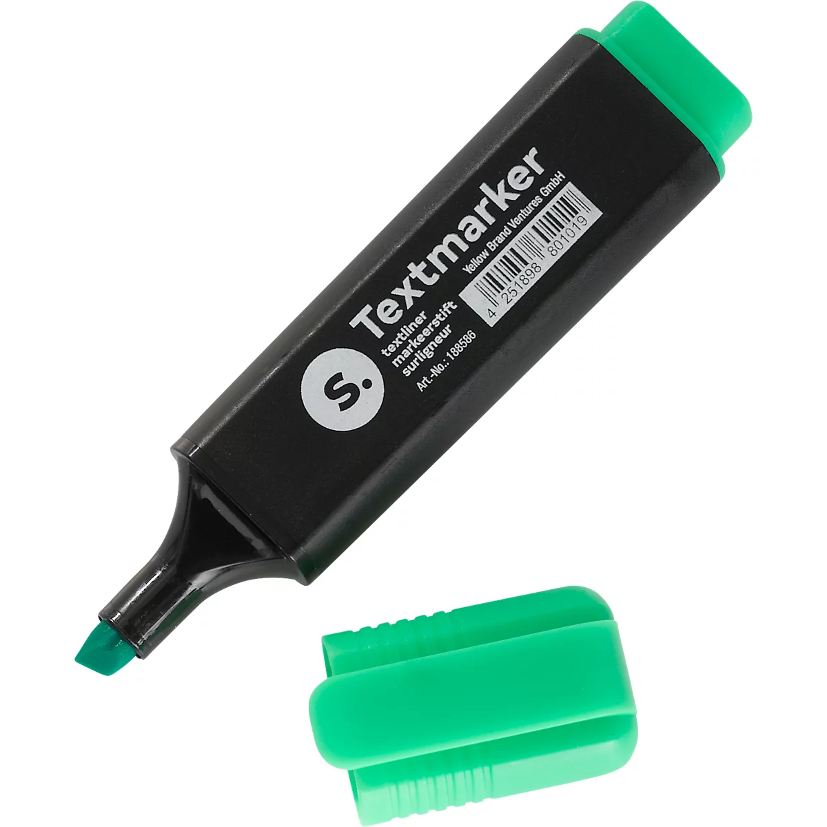 Surligneur vert avec le capuchon retiré. Les mots 'Textmarker' sont visibles sur le stylo.
