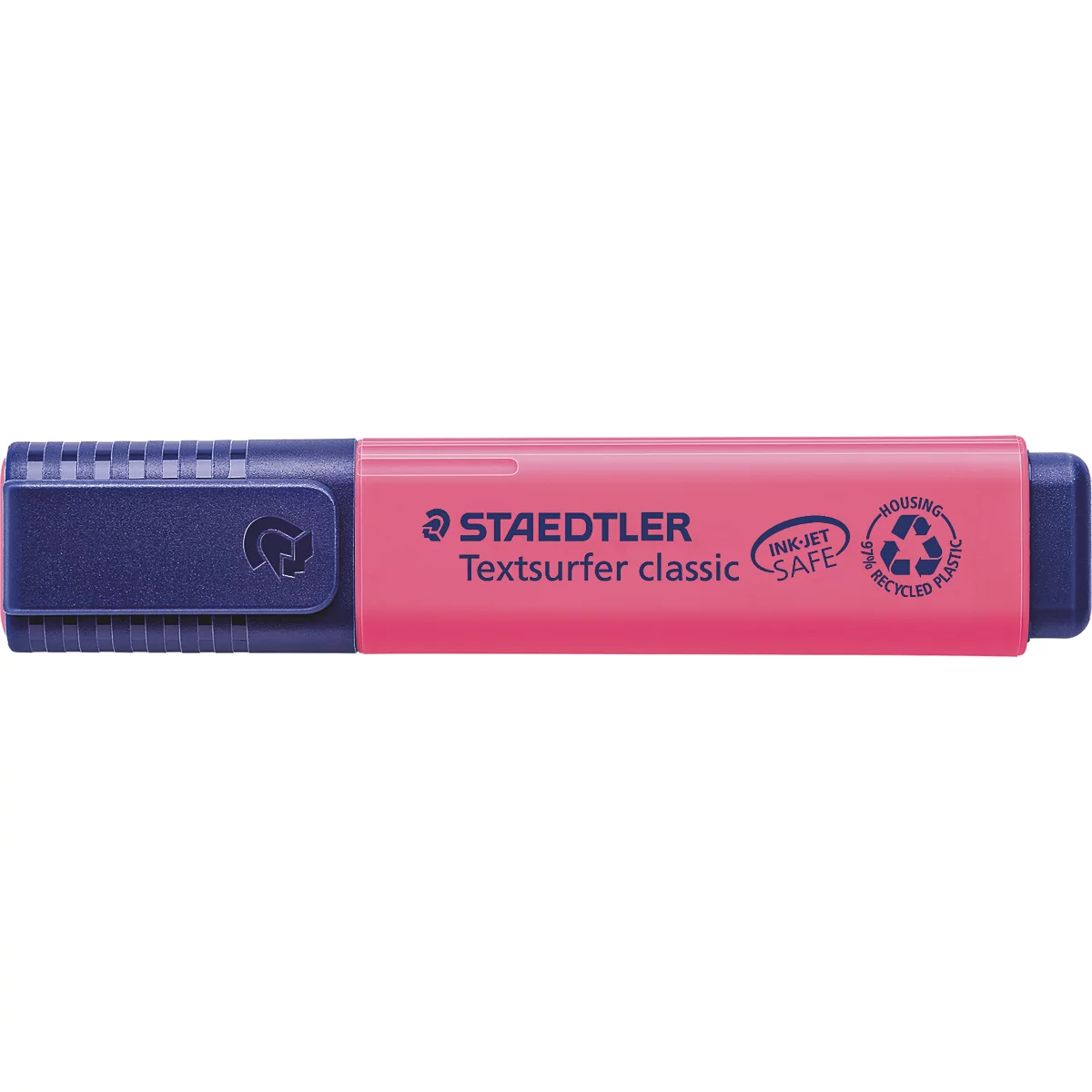 Un surligneur rose de Staedtler, avec un capuchon bleu et un logo.