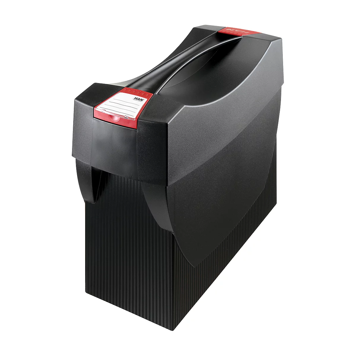 Black file case with red handle and name tag. Ribbed structure on the bottom.