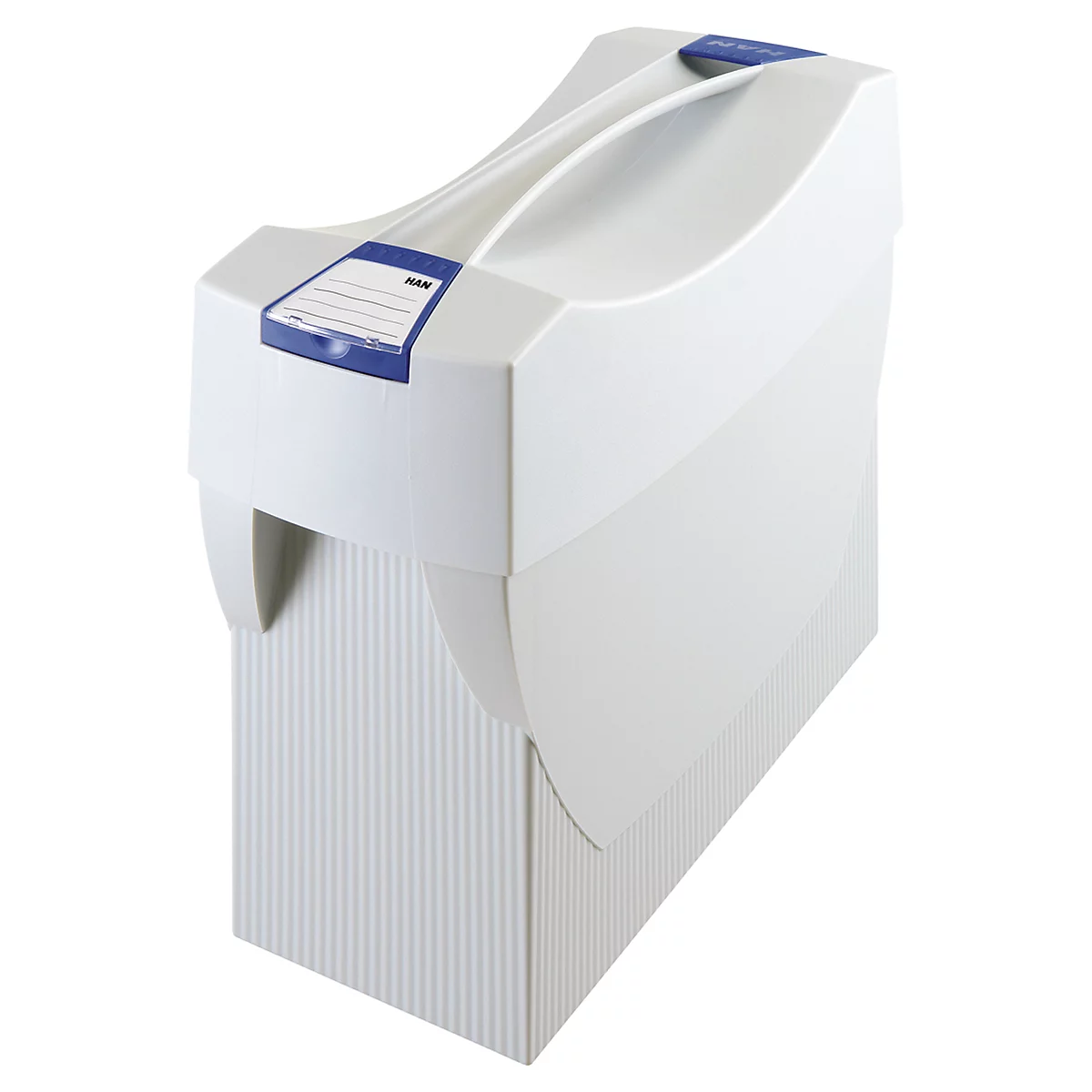 A white file cabinet with a blue handle and blue label. The cabinet has a ribbed front and a curved lid.