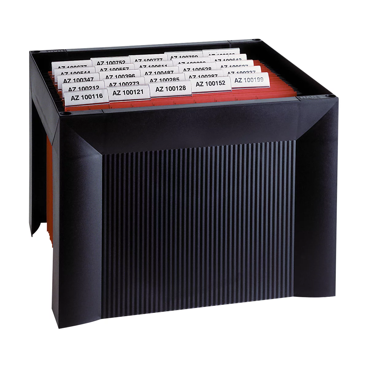 Black card file box with filed index cards. Numbers are on the index cards.