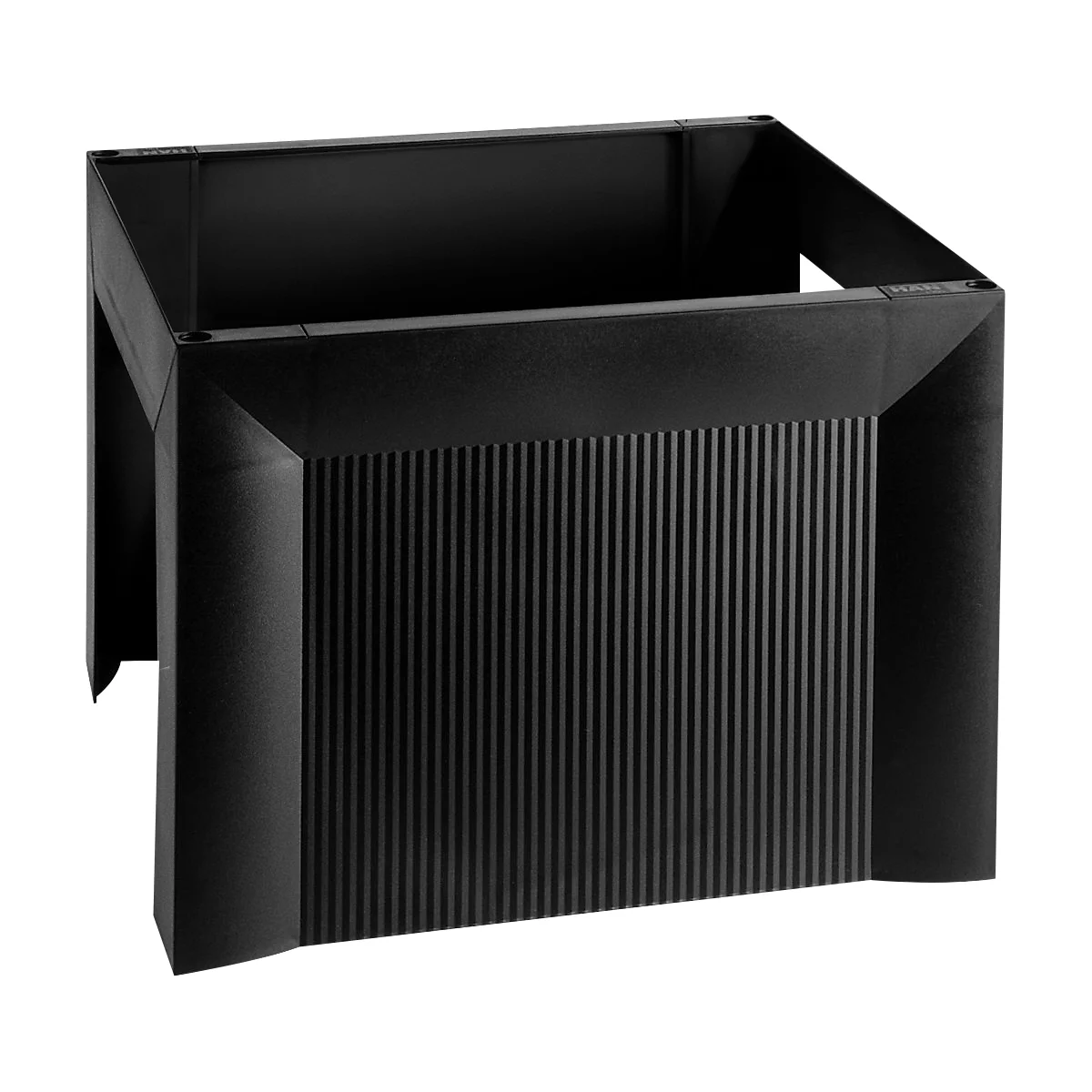 Black, box-shaped container with vertical ribs on one side. It stands on four legs.