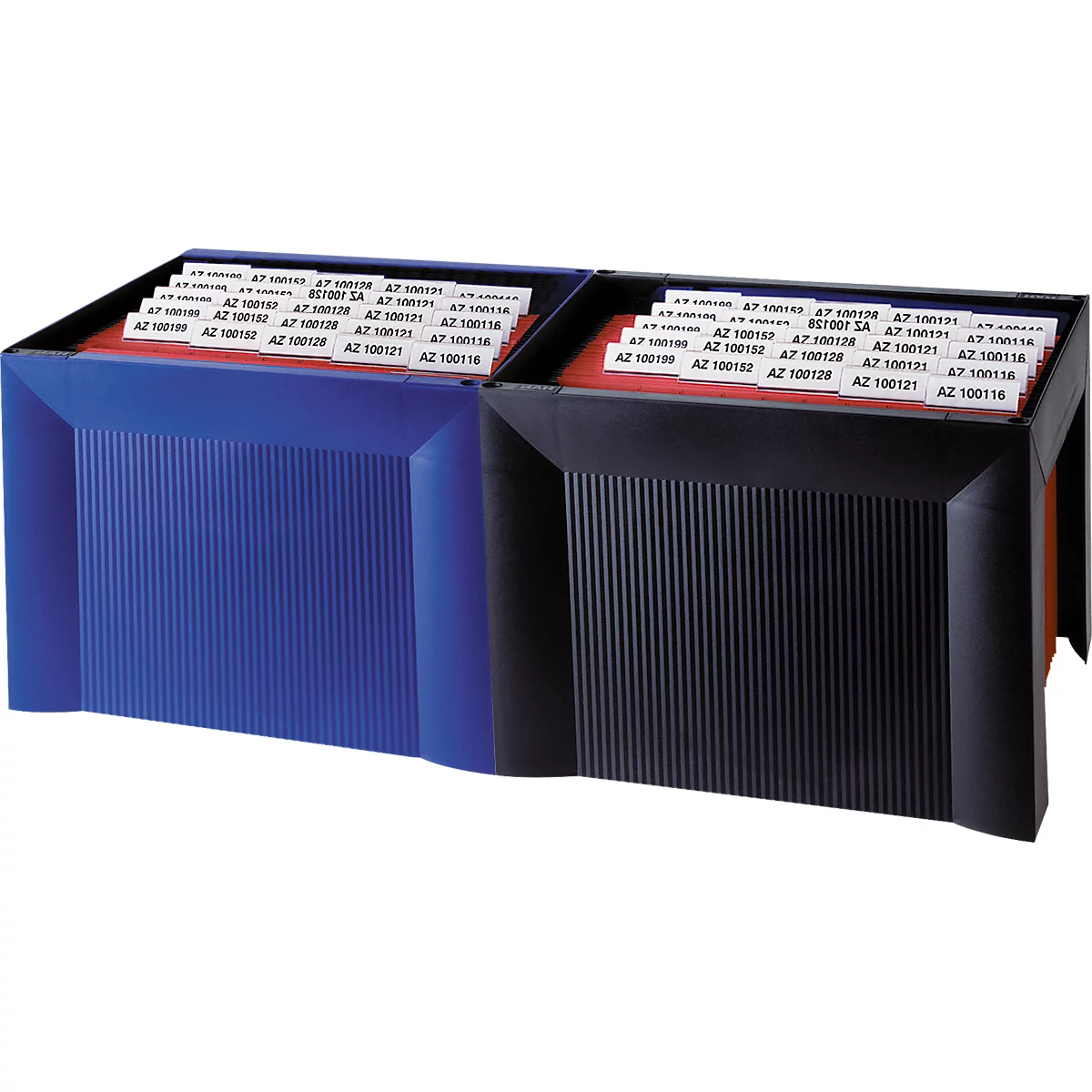 Two card file boxes, blue and black, side by side. White lettering on the red index cards.