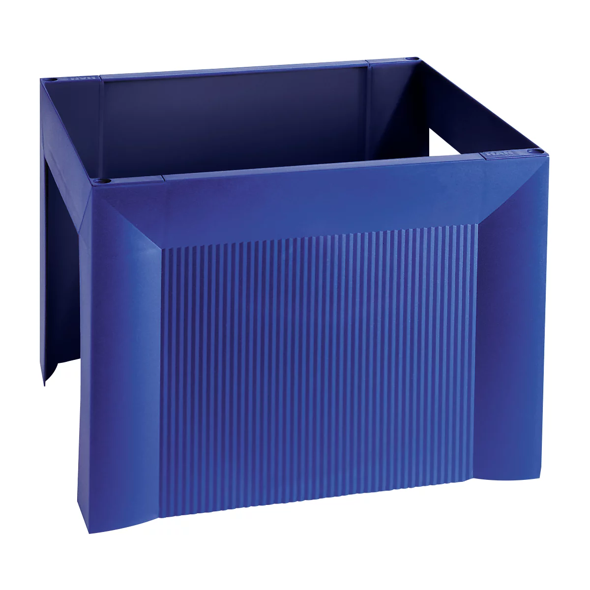 Blue, cuboid storage basket with vertical grooves. The shape is open at the top.