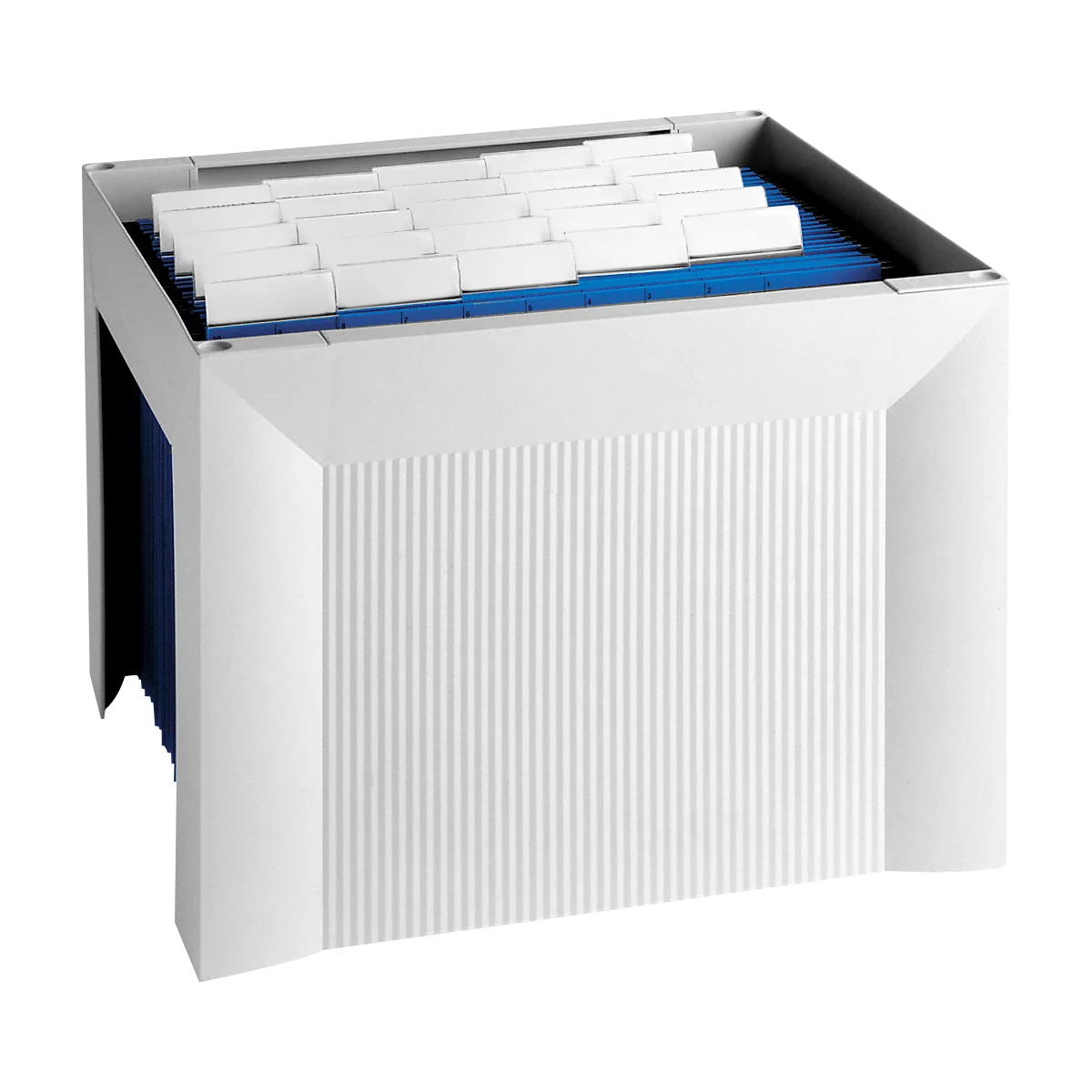 White, rectangular hanging file folder with blue interior and white index cards.