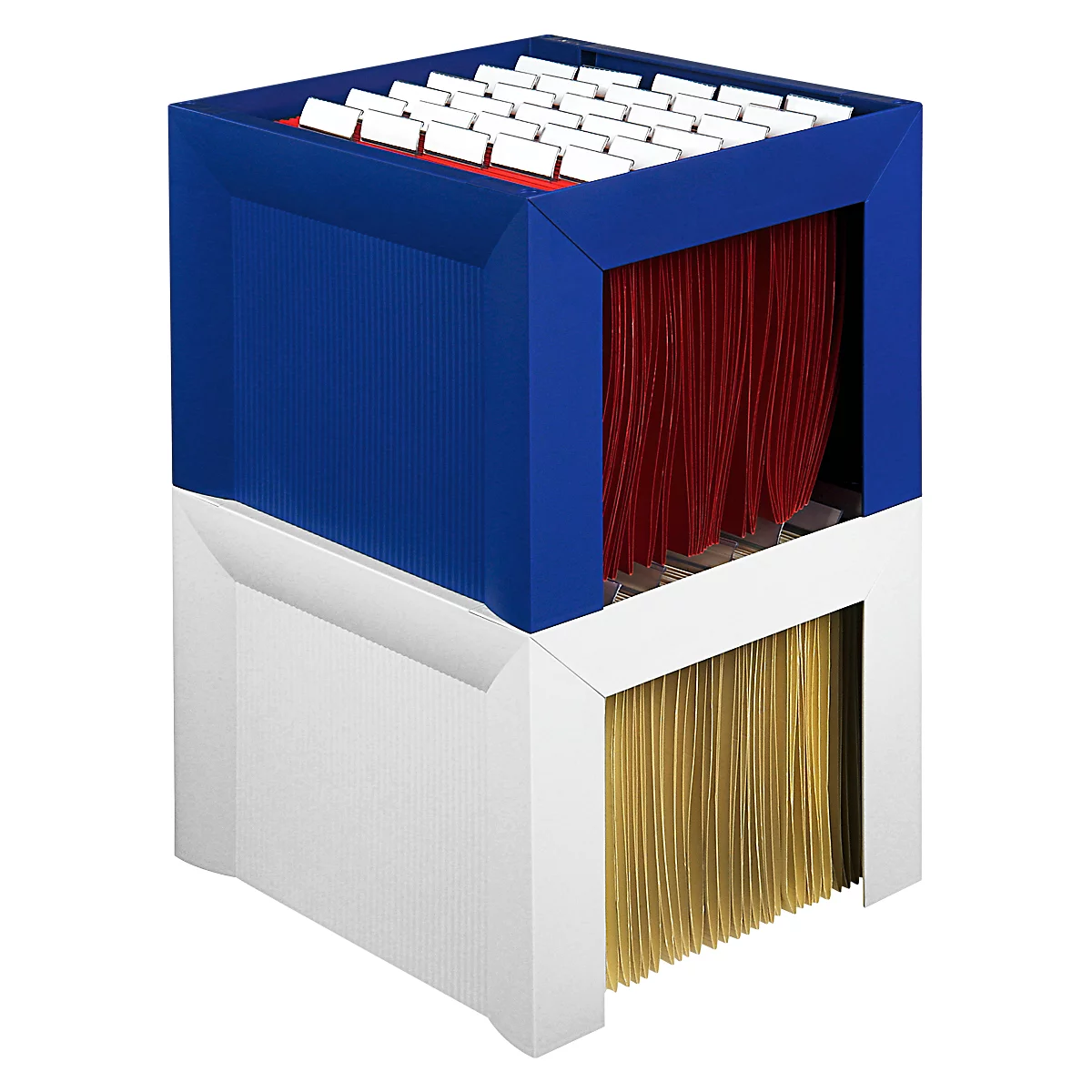 View of a file folder, divided into blue and white areas, with red and yellow documents.