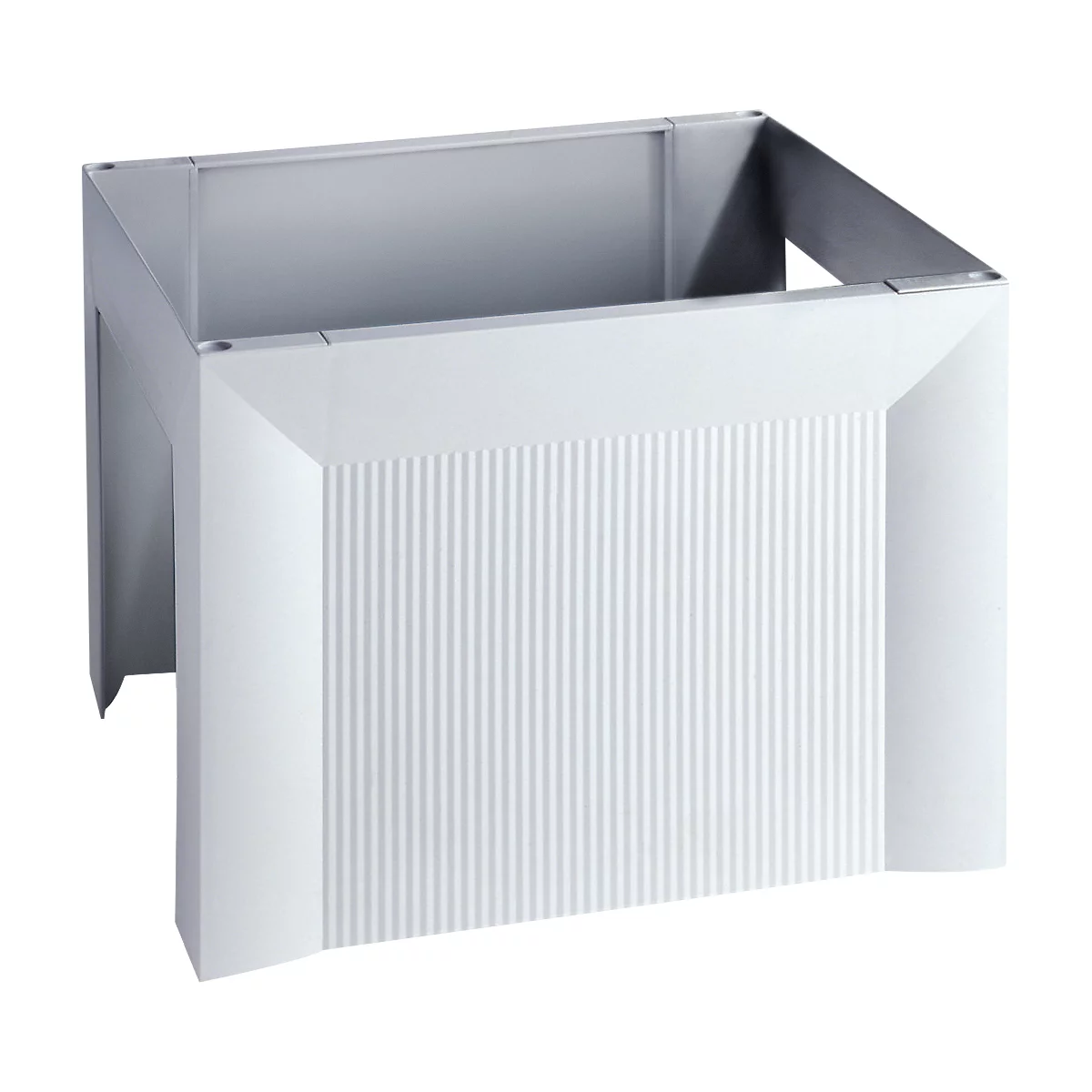White, rectangular base with a grooved front. The corners are beveled on the sides, providing a stable base.