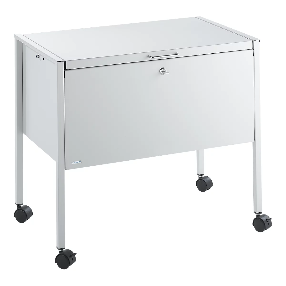 White filing cabinet with rollers. It has a handle and a lock.