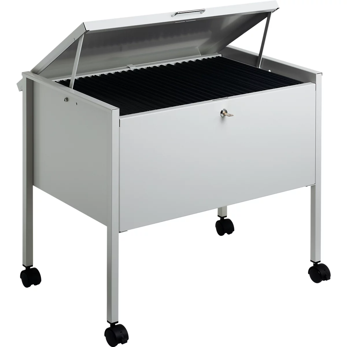 Grey filing cabinet with open lid, castors, key and black interior.