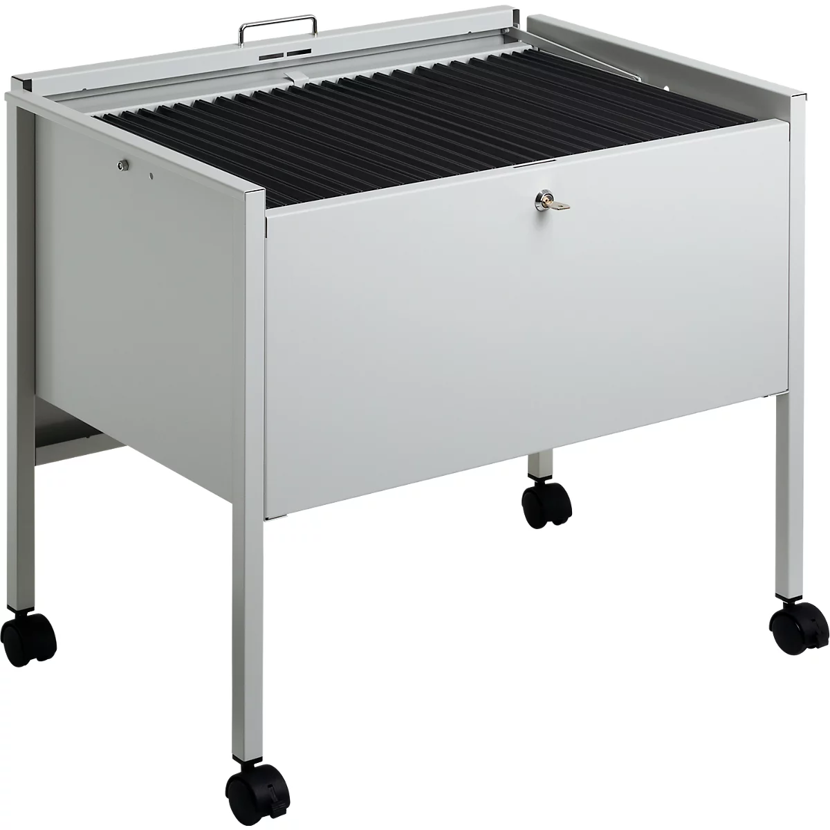 A grey filing cabinet on wheels. At the top is a handle and a black shelf. On the front a keyhole.