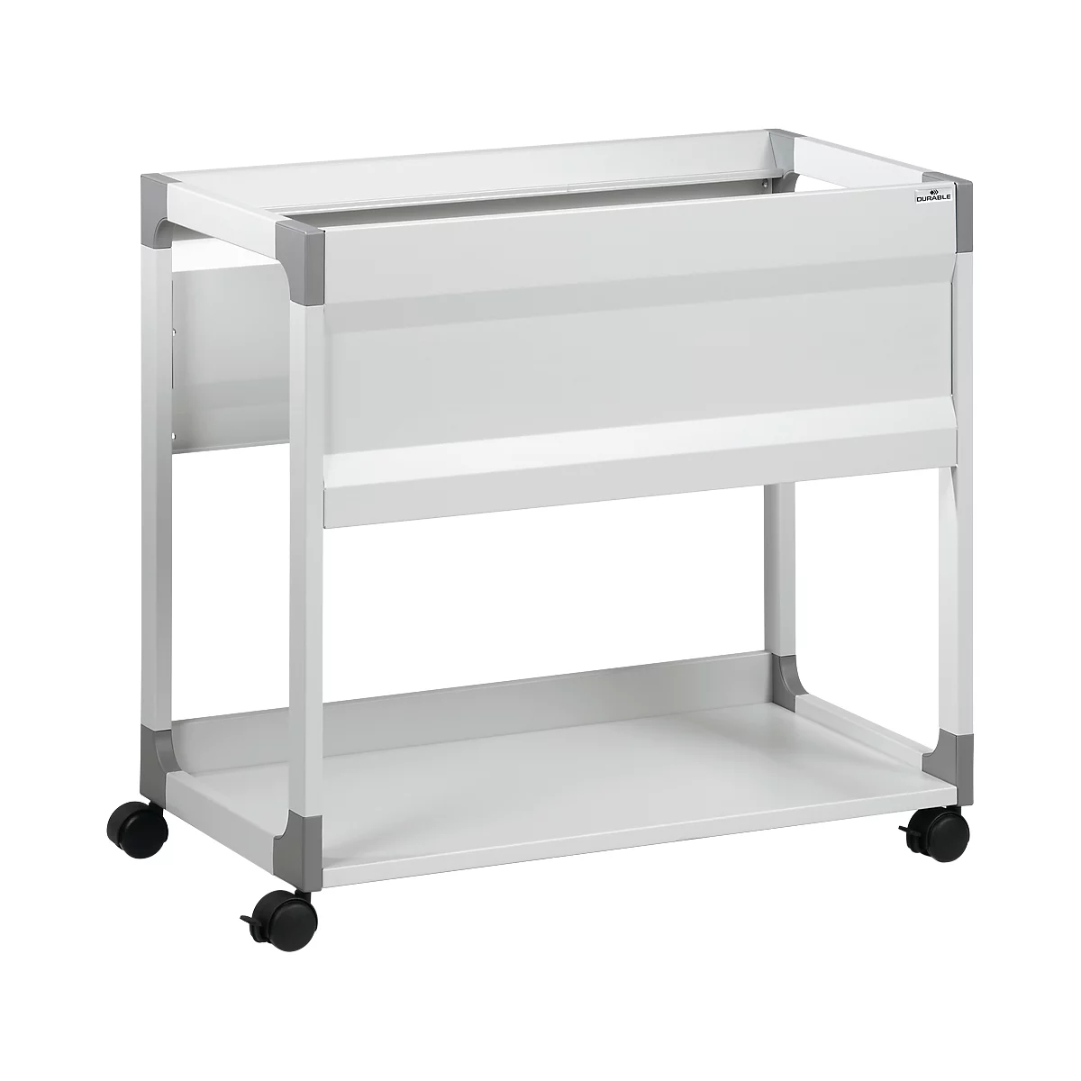 White rolling cart with two shelves and corner connectors, four wheels.