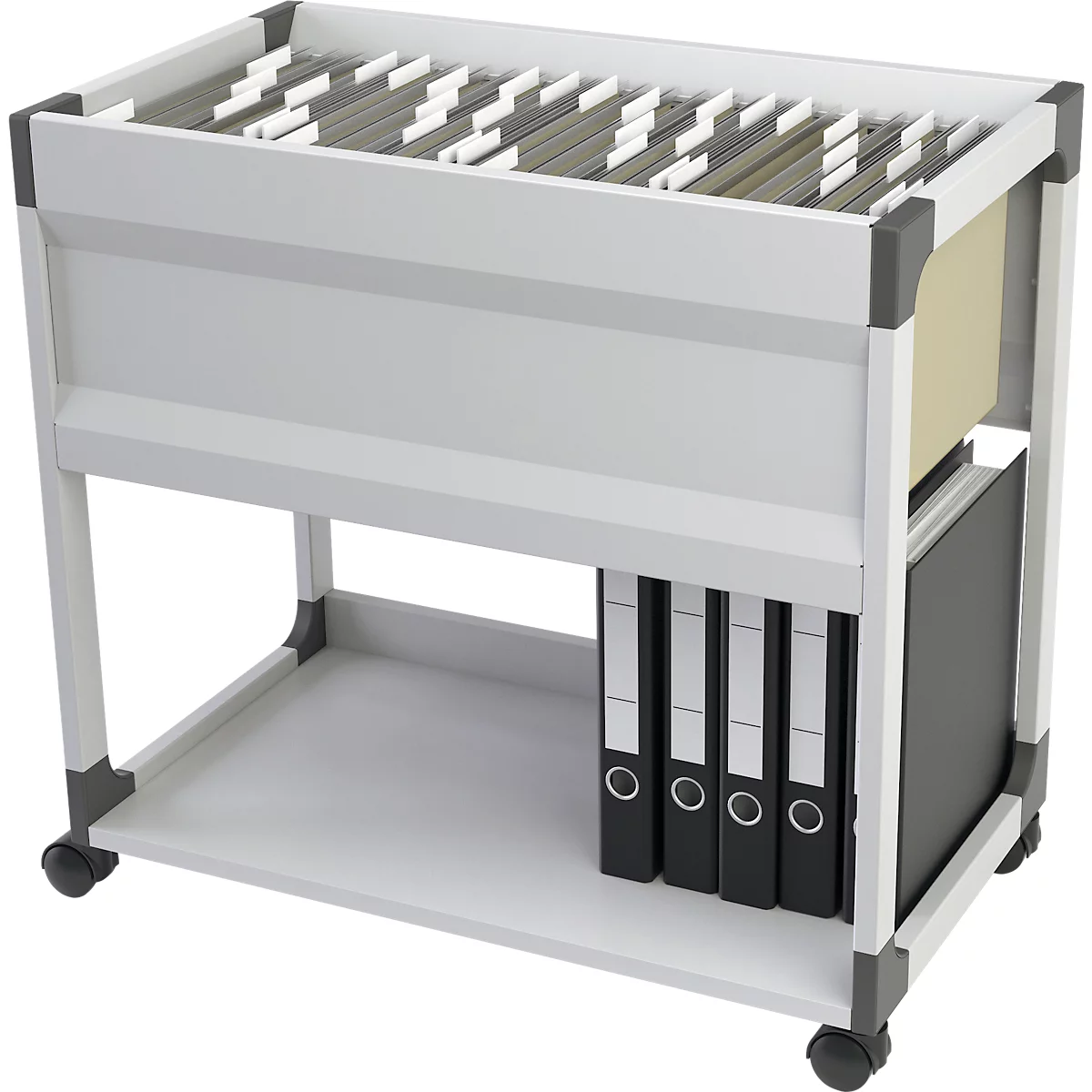 A white rolling cart with gray details. Open hanging file cabinet at the top, file folders below, all on wheels.