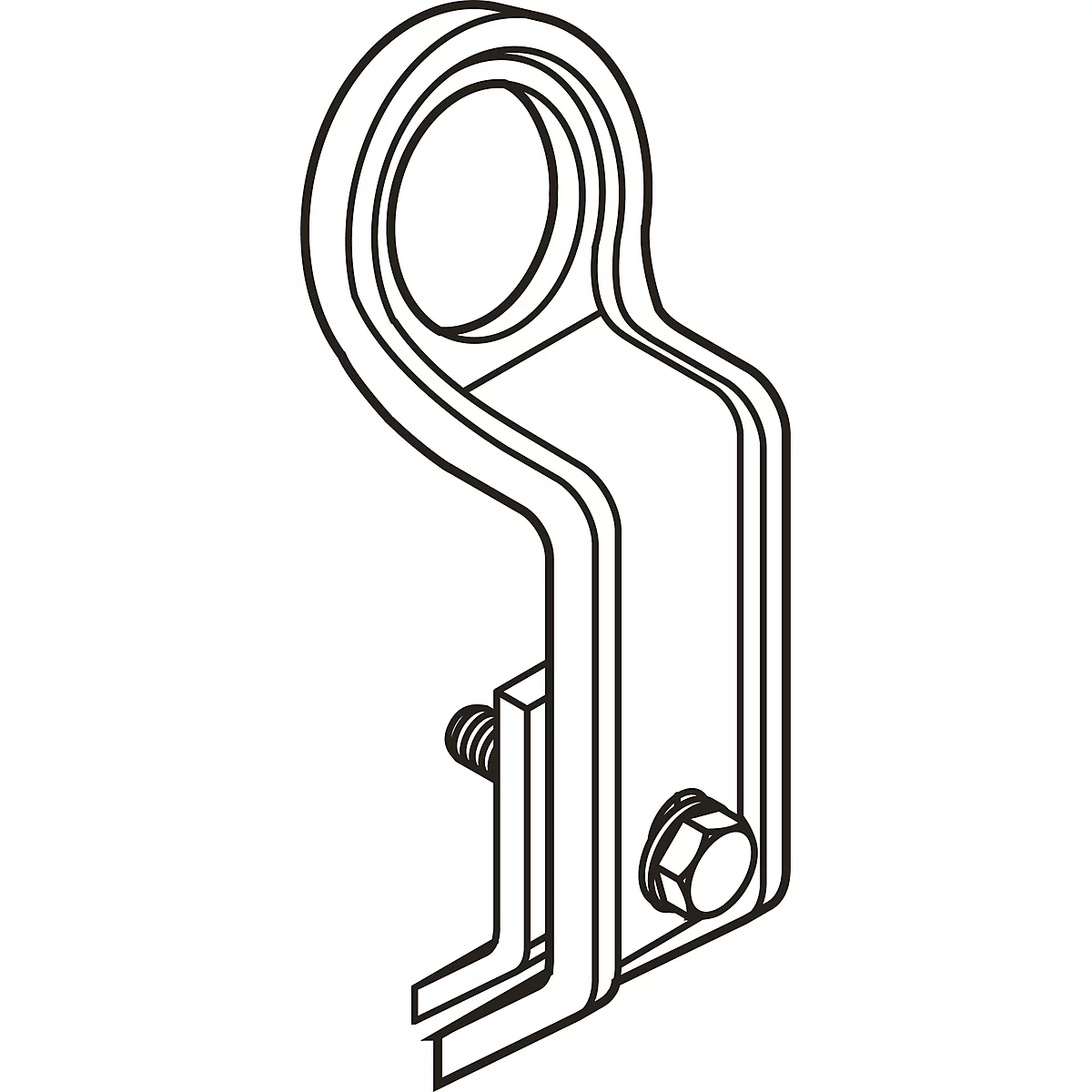 Detail image of a metal bracket with a hole, a screw head, and a screw.