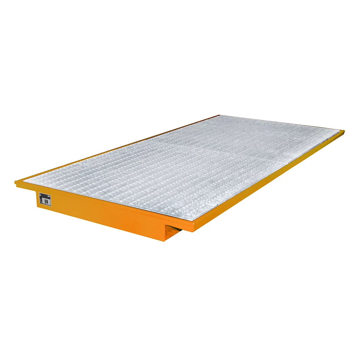 An orange platform with a silver checkered surface, against a white background.